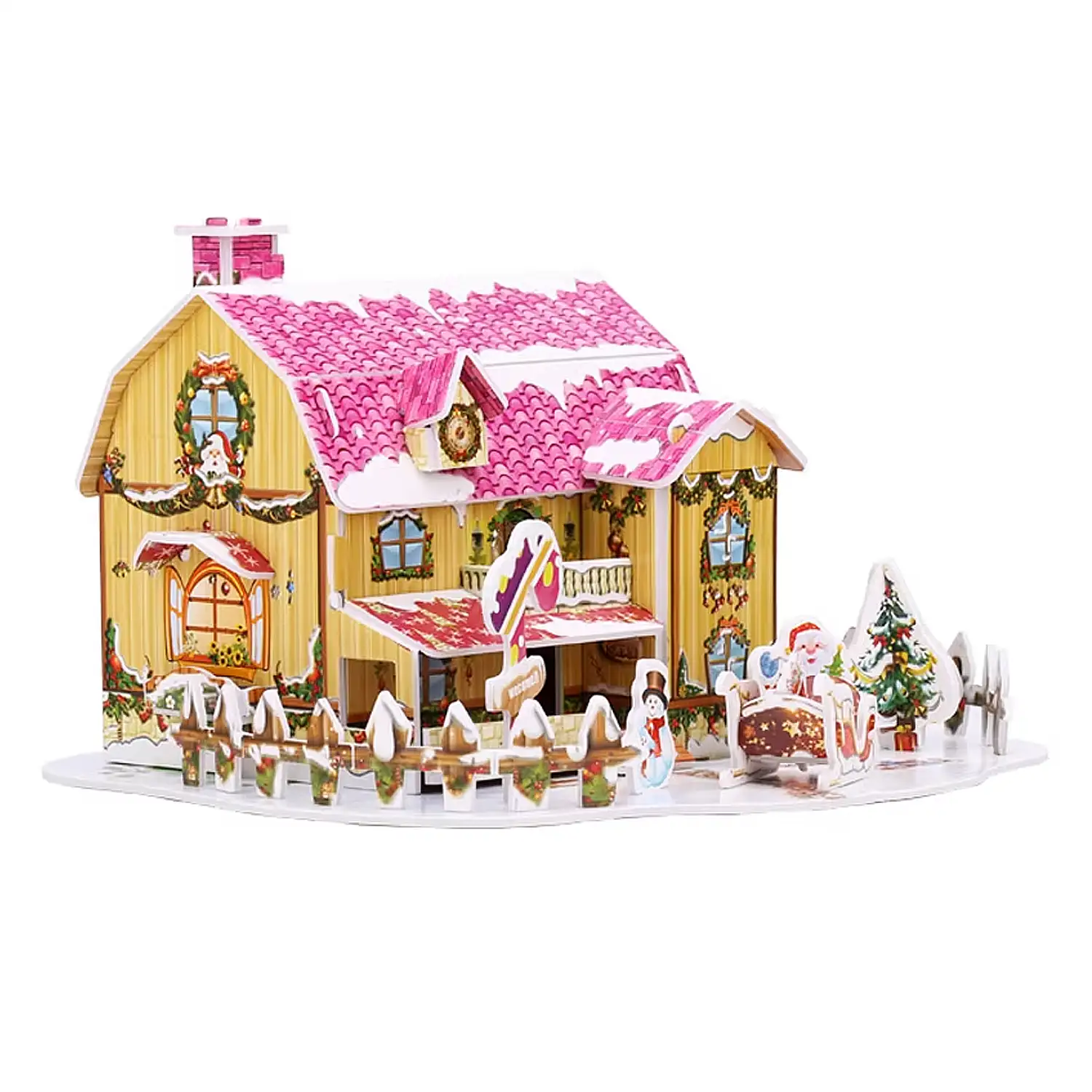 Maqueta 3D de cartón de una Casita Navideña. Diseño rosa. 34 piezas.