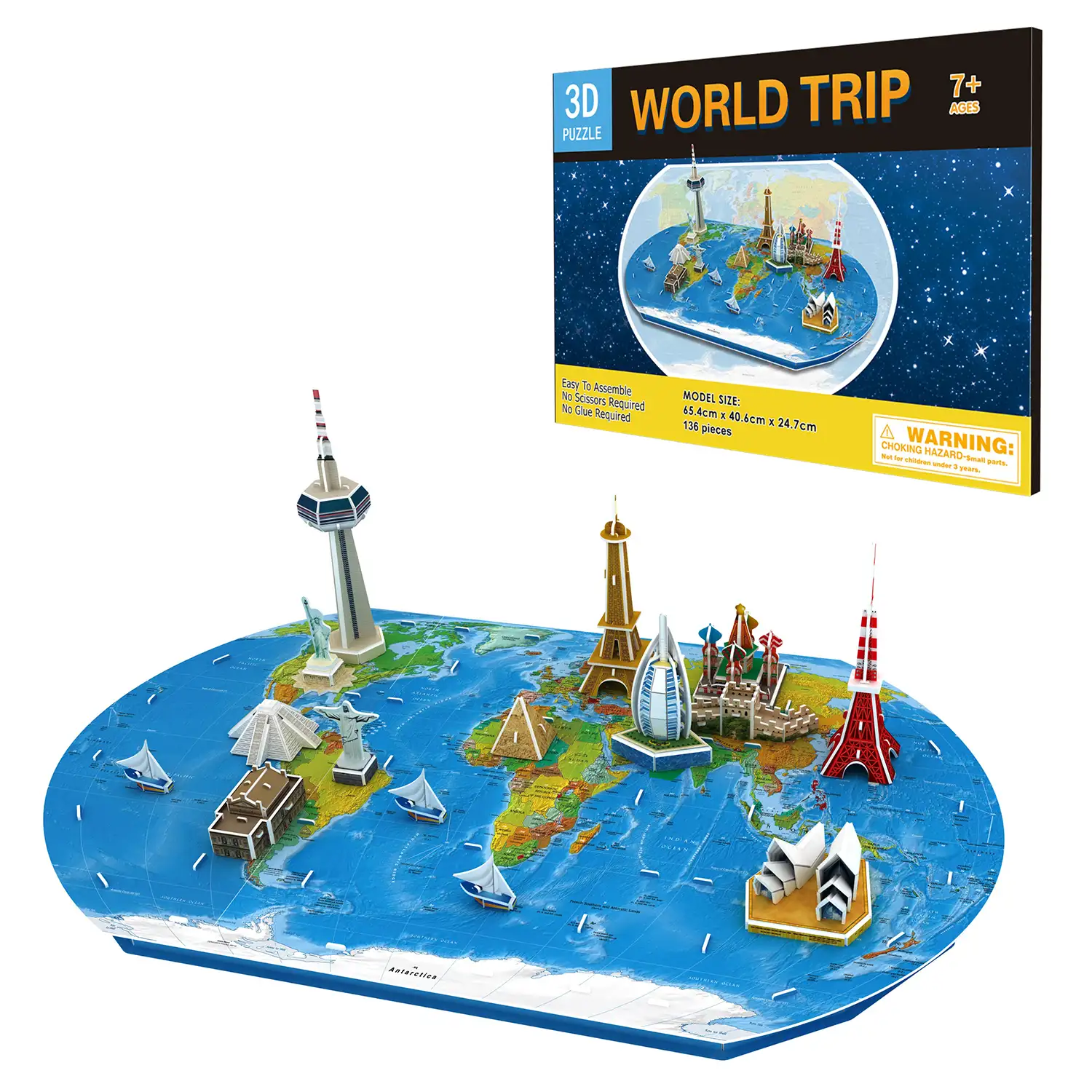 Puzle 3D de cartón Viaje por el mundo. 136 piezas.