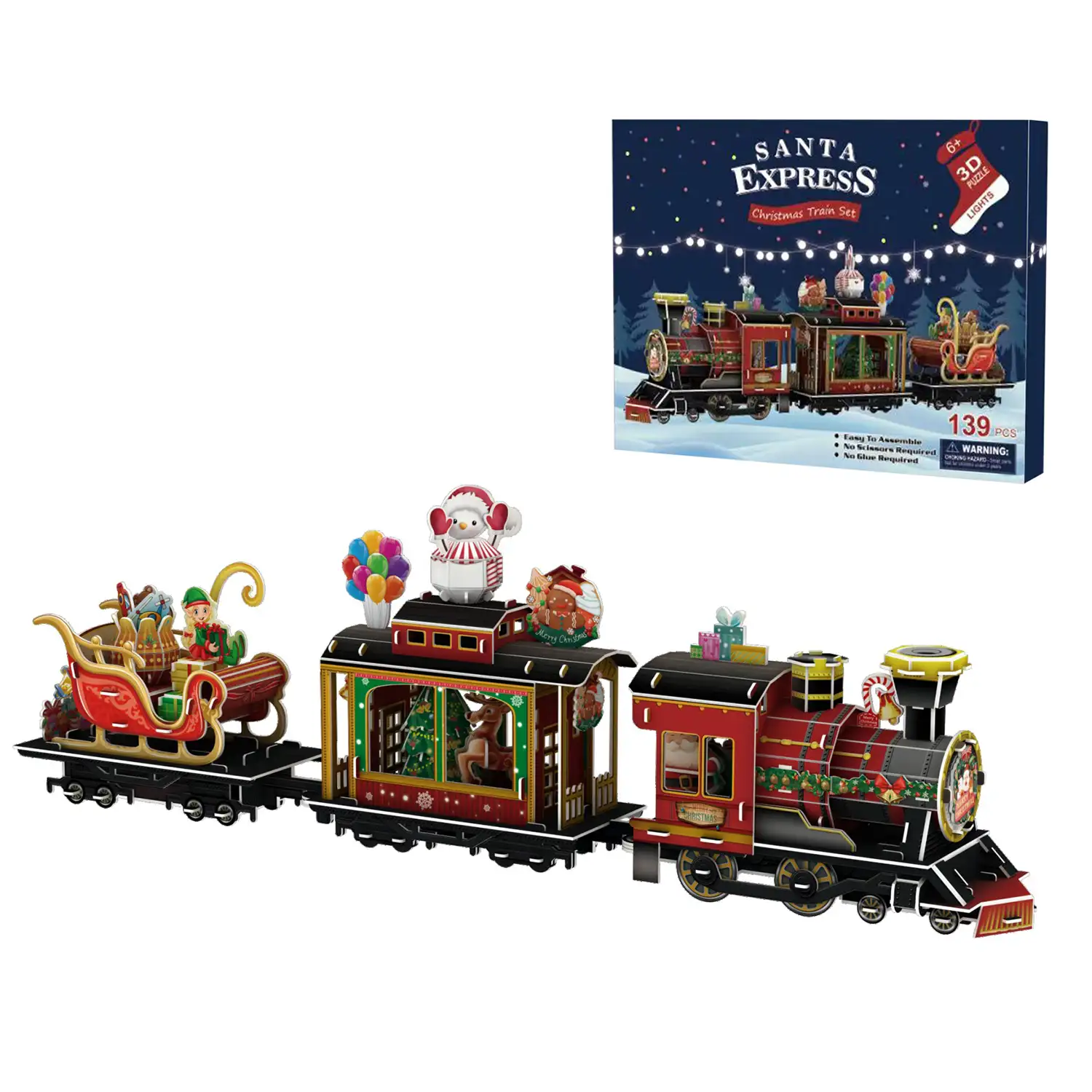 Maqueta 3D de cartón de un Tren de Navidad con luces. 139 piezas.