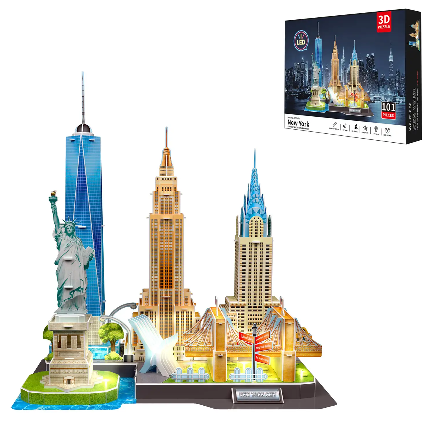 Puzle 3D de cartón de la ciudad de Nueva York con luces LED. 101 piezas.