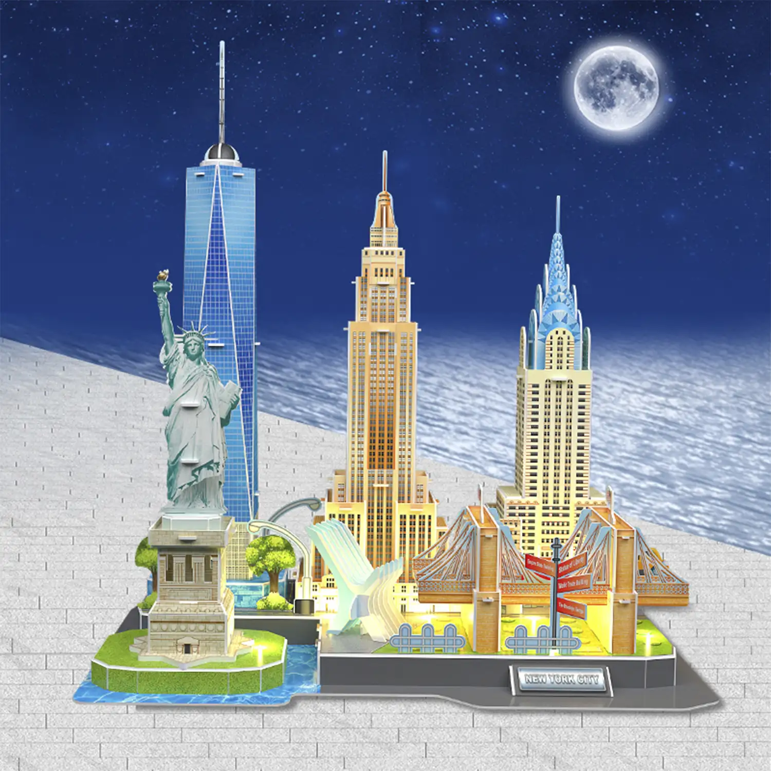 Puzle 3D de cartón de la ciudad de Nueva York con luces LED. 101 piezas.
