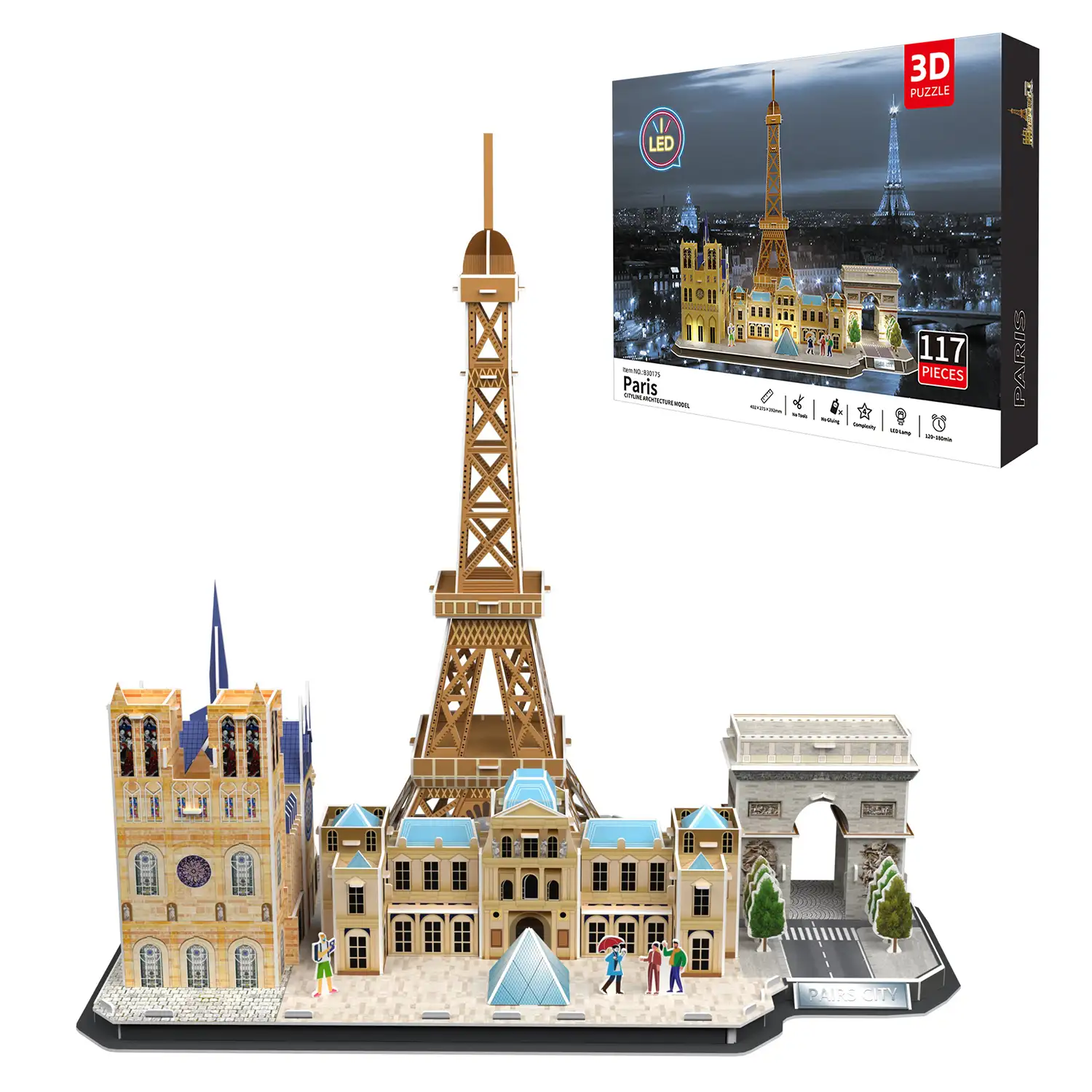 Puzle 3D de cartón de la ciudad de París con luces LED. 104 piezas.