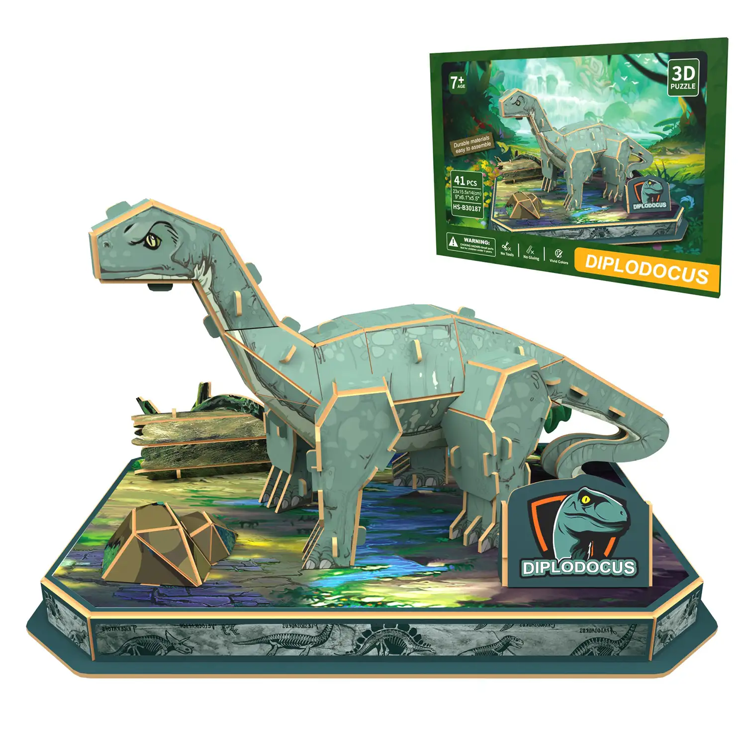Puzle 3D de cartón del Dinosaurio Diplodocus. 41 piezas.