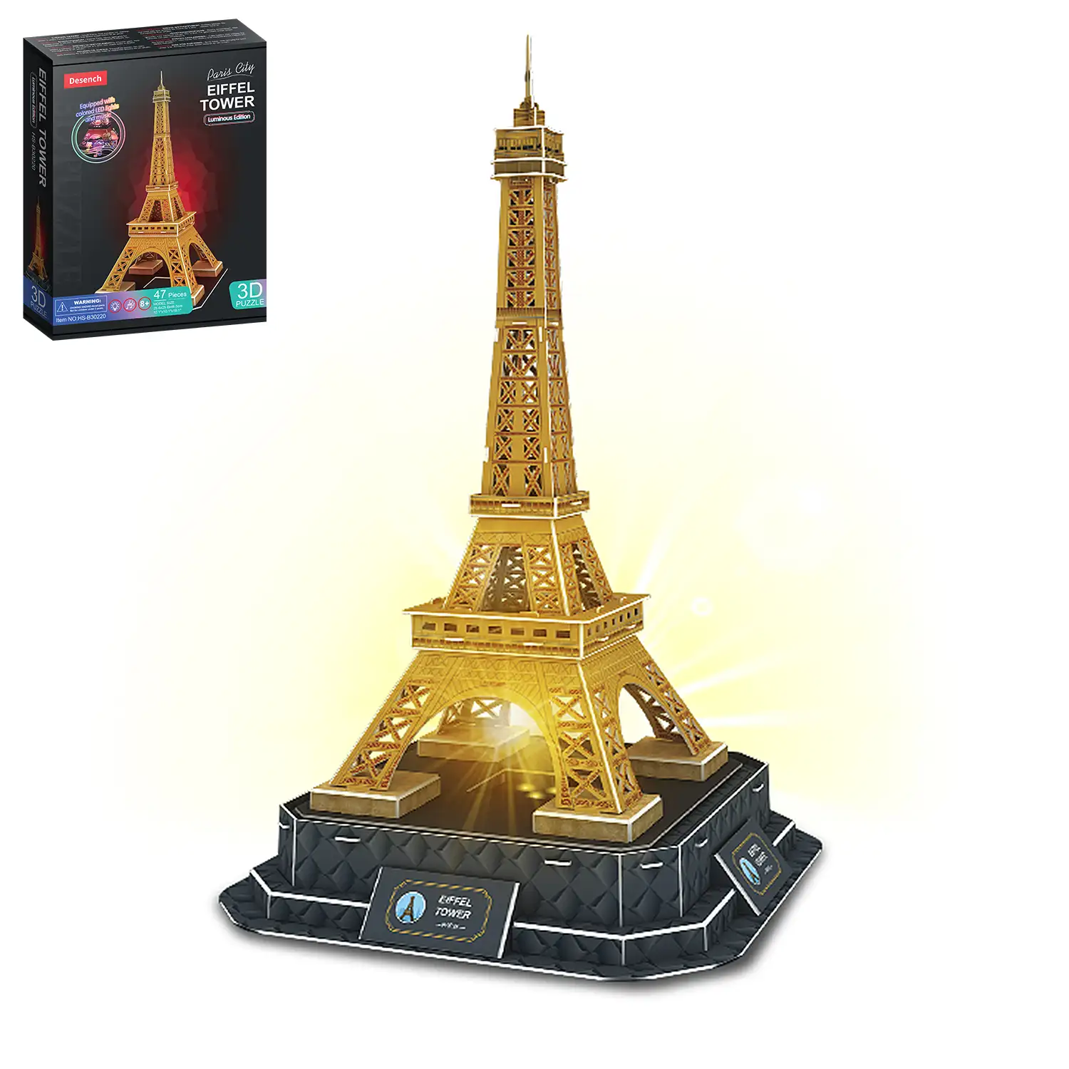 Puzle 3D de cartón de la Torre Eiffel en París. Base con luces y música. 47 piezas.