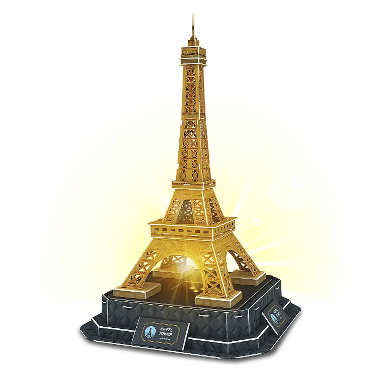 Puzle 3D de cartón de la Torre Eiffel en París. Base con luces y música. 47 piezas.