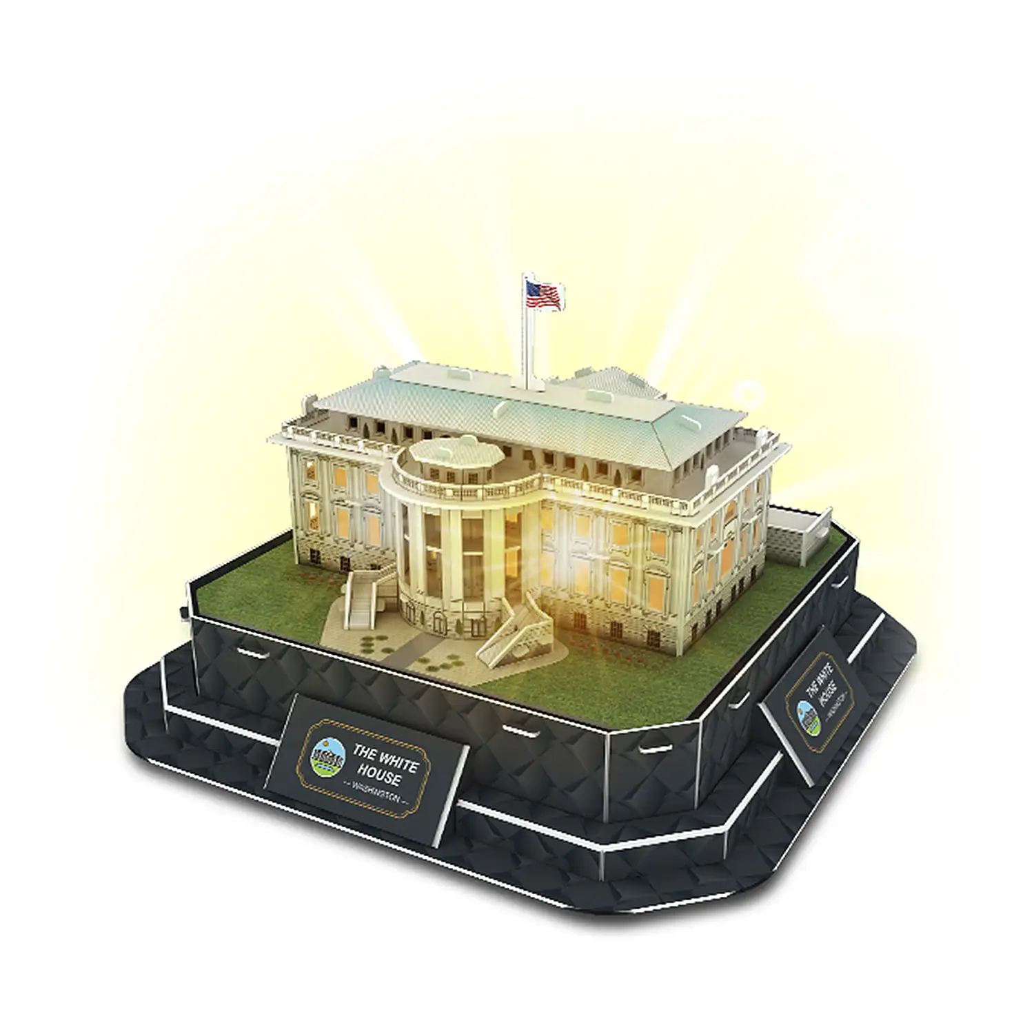 Puzle 3D de cartón de la Casa Blanca en Estados Unidos. Base con luces y música. 53 piezas.