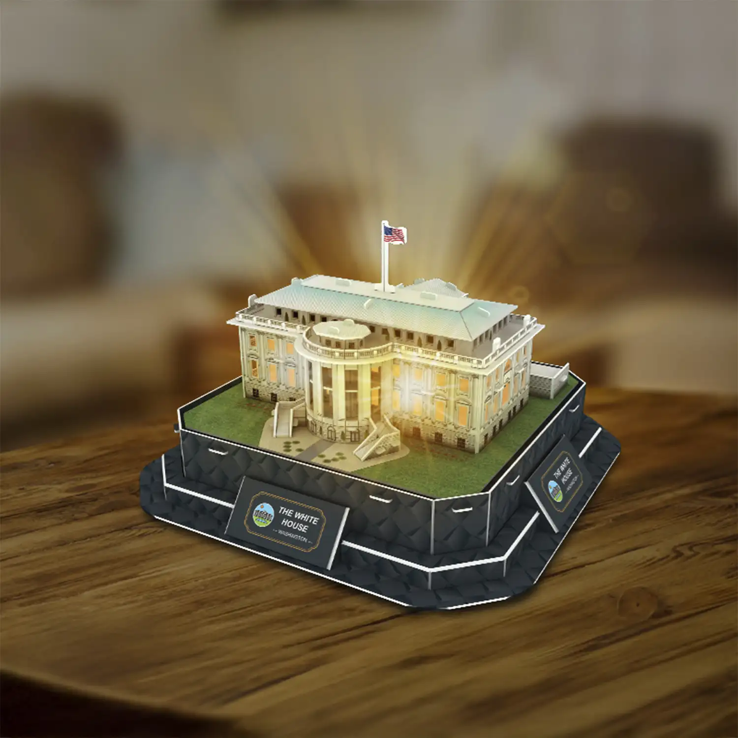 Puzle 3D de cartón de la Casa Blanca en Estados Unidos. Base con luces y música. 53 piezas.