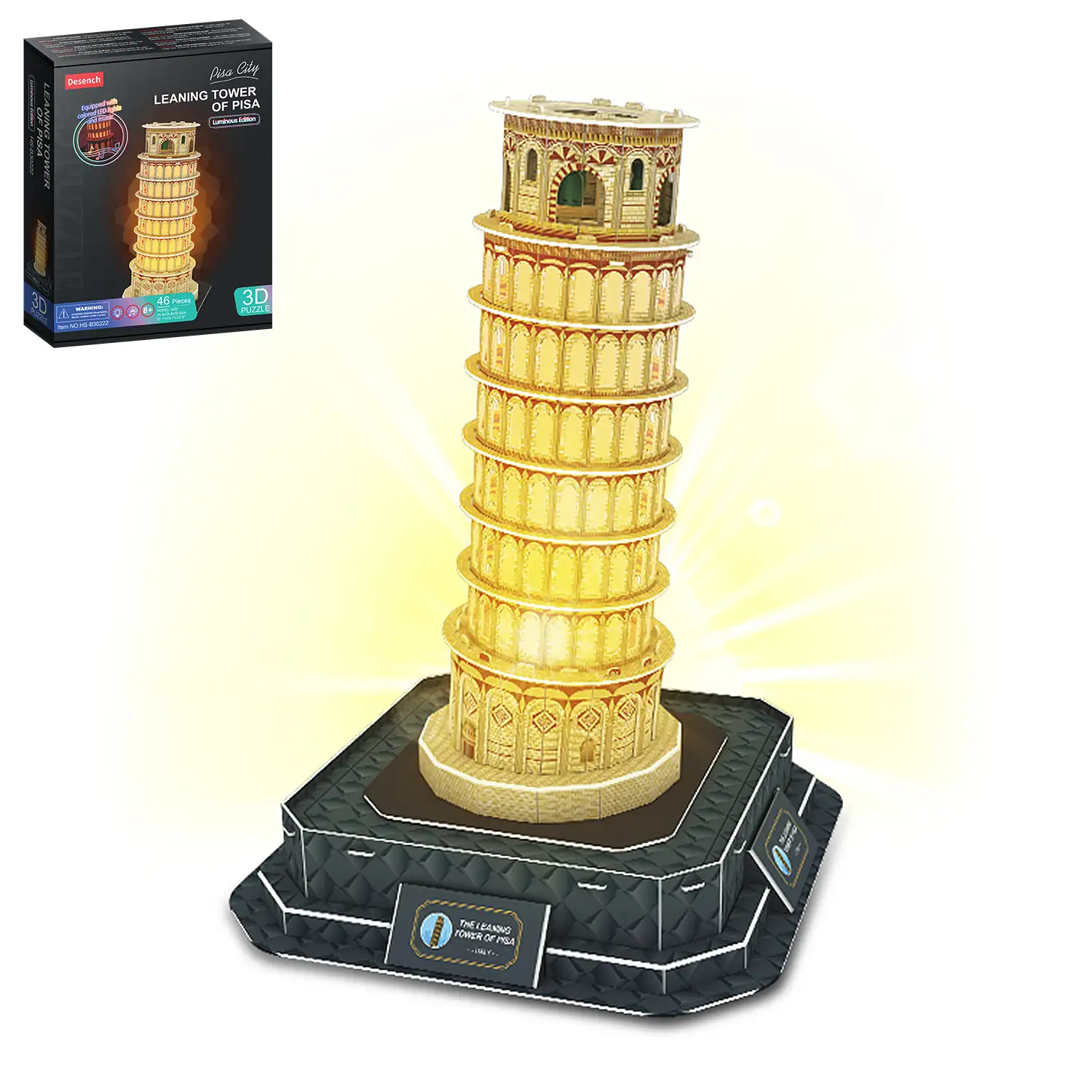 Puzle 3D de cartón de la Torre de Pisa en Italia. Base con luces y música. 46 piezas.