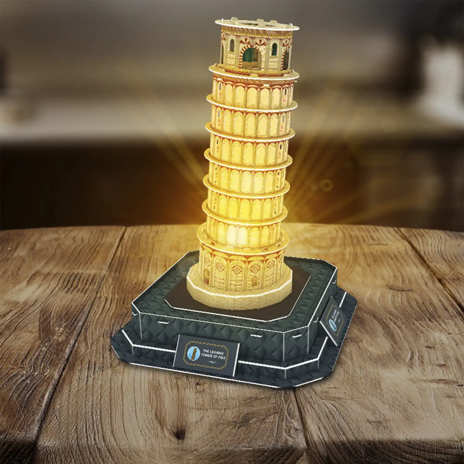 Puzle 3D de cartón de la Torre de Pisa en Italia. Base con luces y música. 46 piezas.