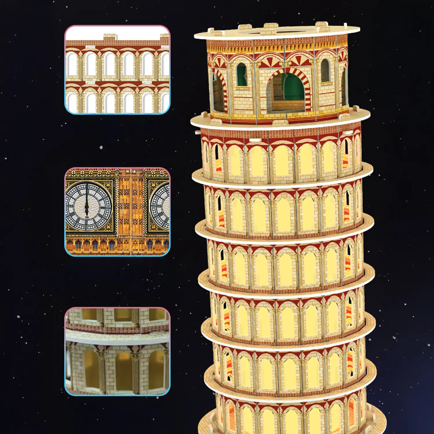 Puzle 3D de cartón de la Torre de Pisa en Italia. Base con luces y música. 46 piezas.