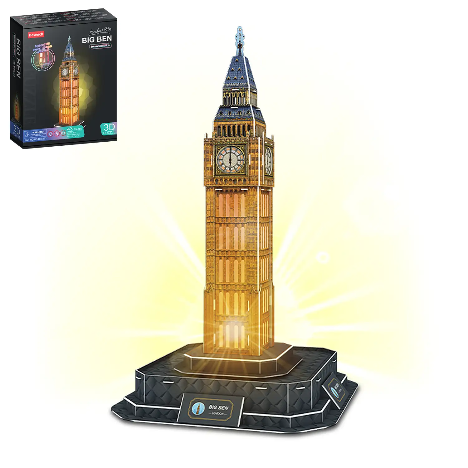 Puzle 3D de cartón del Big Ben situado en Londres. Base con luces y música. 43 piezas.