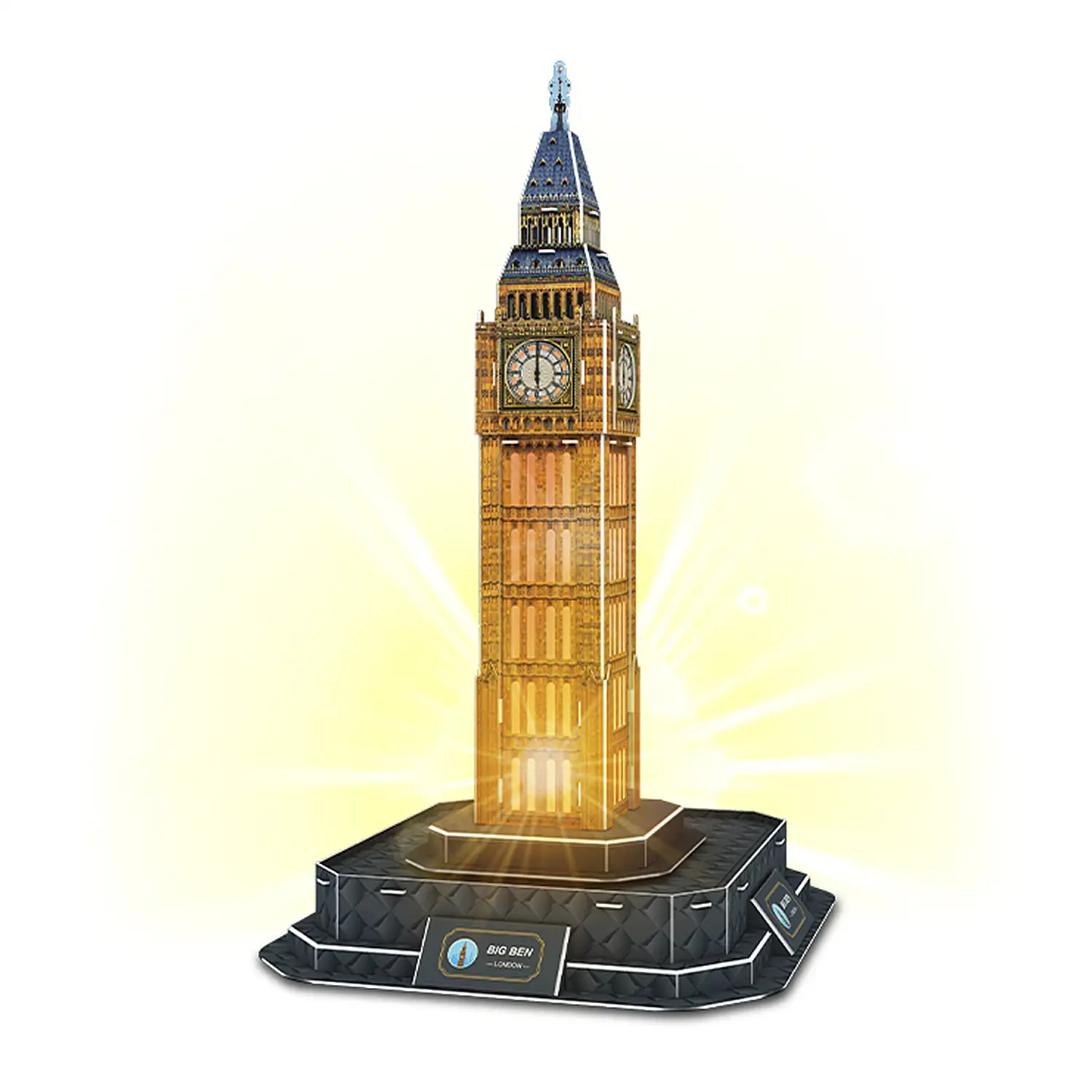 Puzle 3D de cartón del Big Ben situado en Londres. Base con luces y música. 43 piezas.