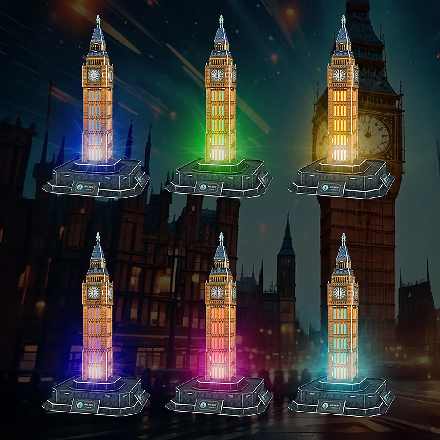 Puzle 3D de cartón del Big Ben situado en Londres. Base con luces y música. 43 piezas.