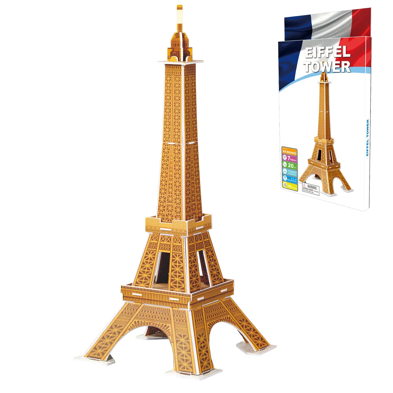 Puzle 3D de cartón de la Torre Eiffel situada en París. 20 piezas.