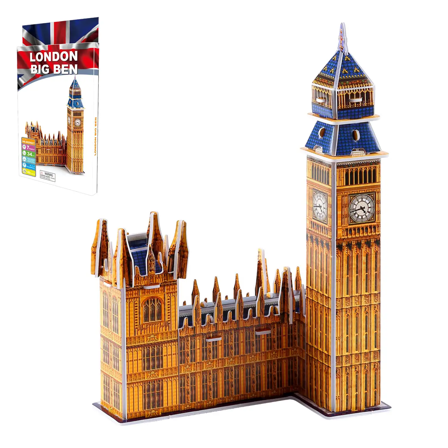 Puzle 3D de cartón del Big Ben situado en Londres. 34 piezas.