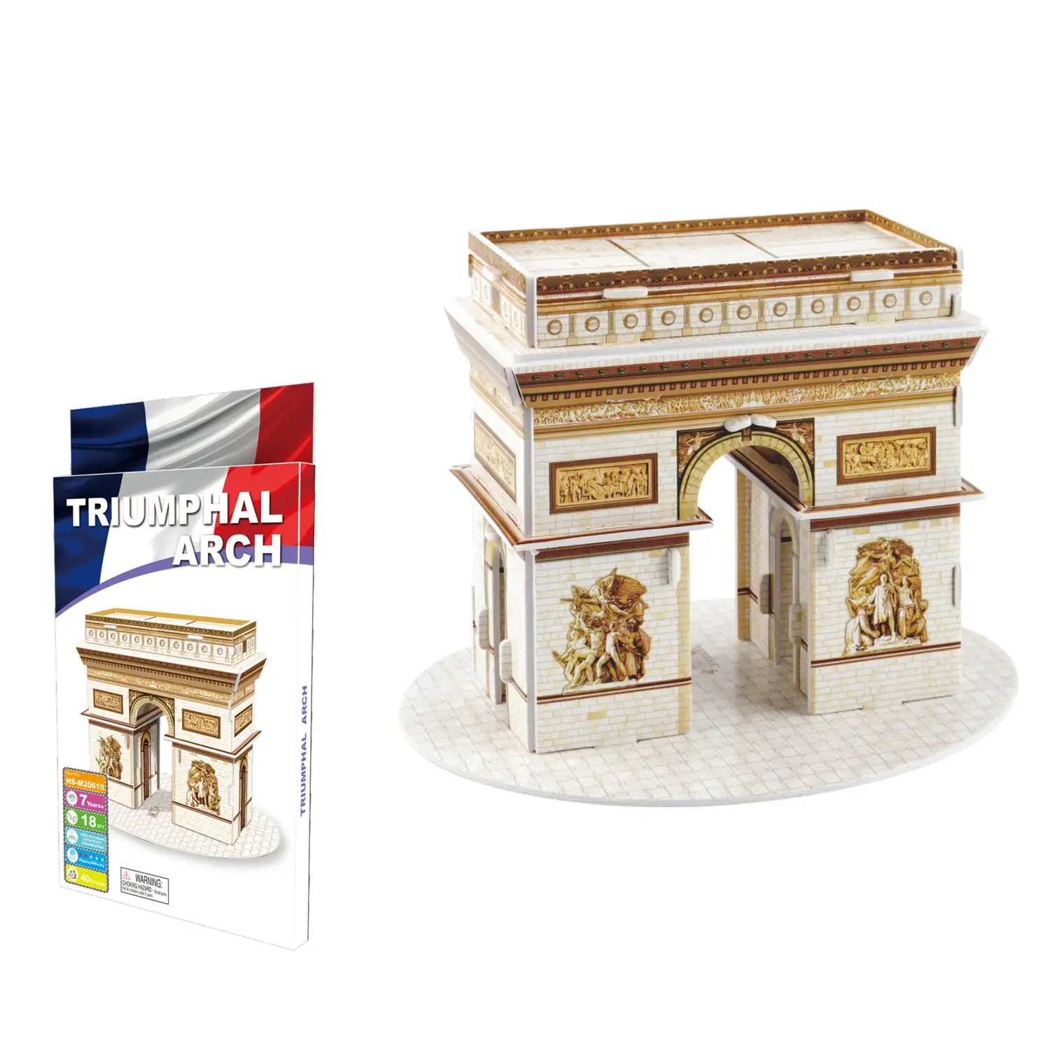 Puzle 3D de cartón del Arco de Triunfo situado en París. 18 piezas.