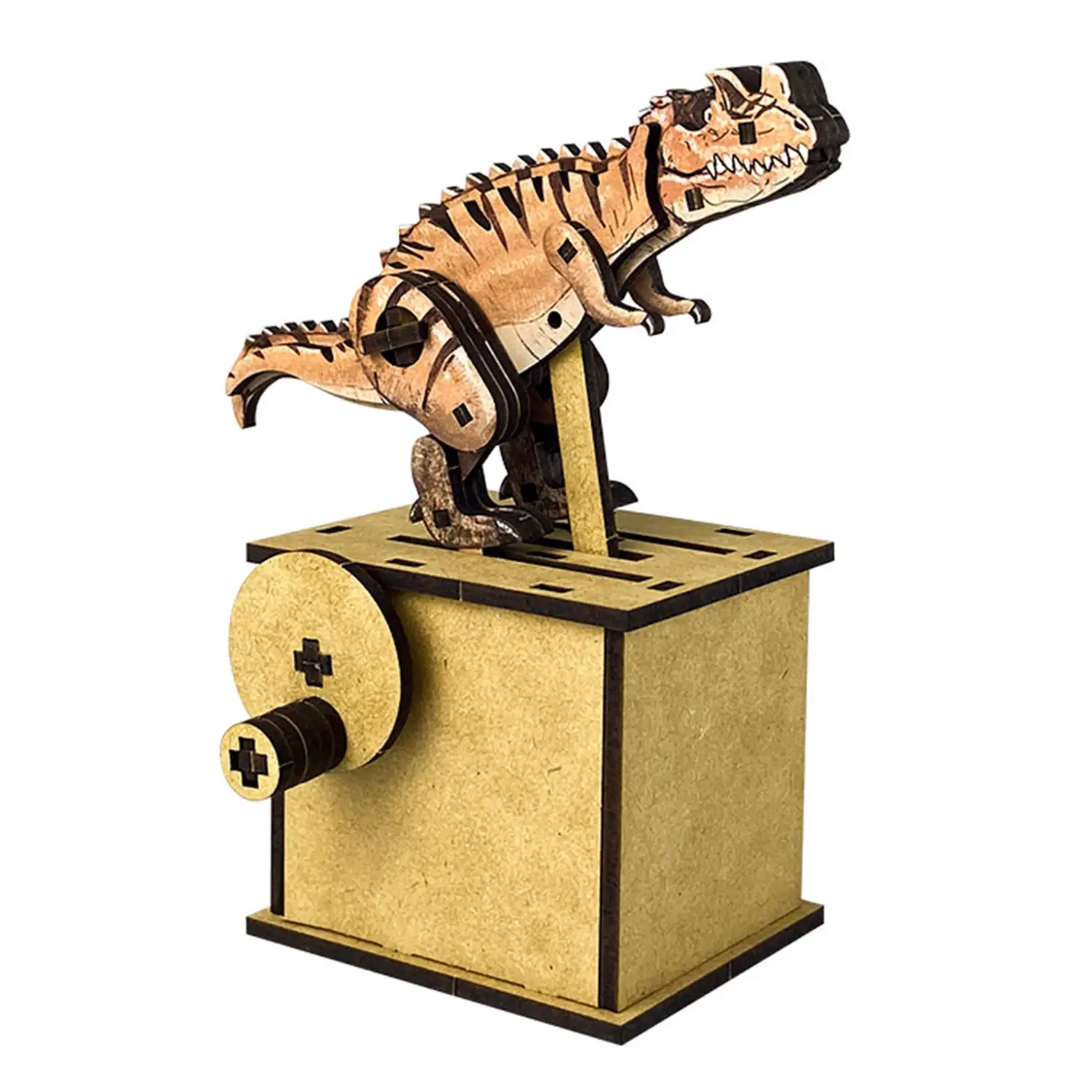 Maqueta de Madera 3D, con movimiento mecánico diseño de Dinosaurio de nariz cornuda.