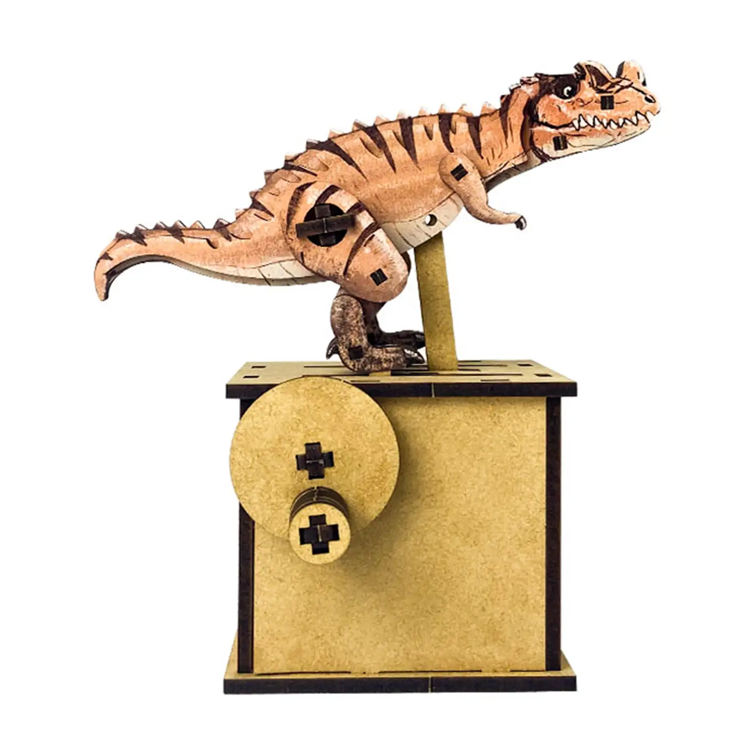 Maqueta de Madera 3D, con movimiento mecánico diseño de Dinosaurio de nariz cornuda.