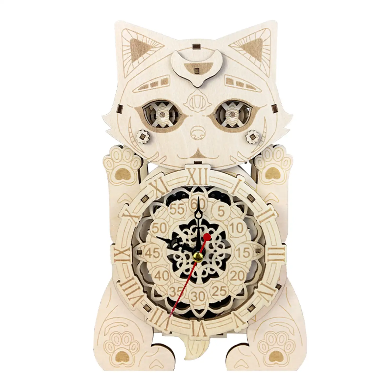 Maqueta de Madera 3D, con movimiento mecánico diseño de Reloj Gato del Tiempo