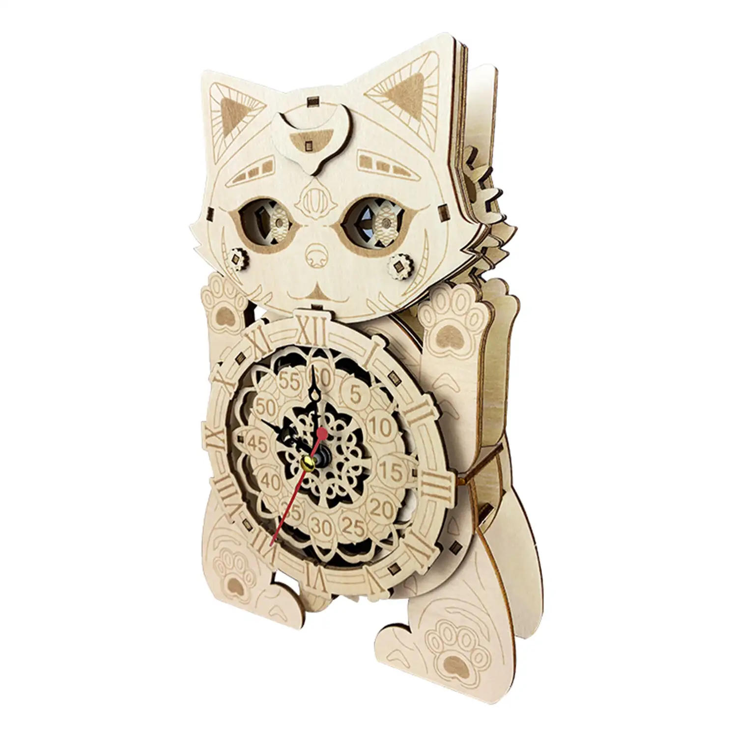 Maqueta de Madera 3D, con movimiento mecánico diseño de Reloj Gato del Tiempo