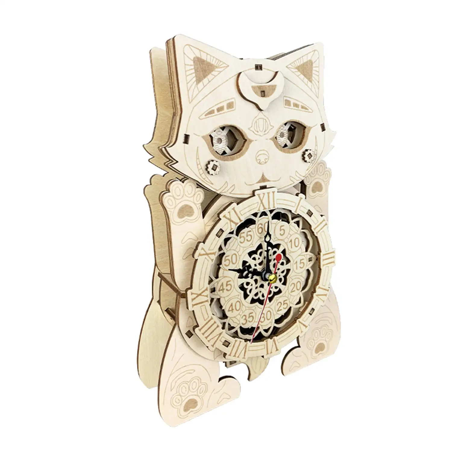 Maqueta de Madera 3D, con movimiento mecánico diseño de Reloj Gato del Tiempo