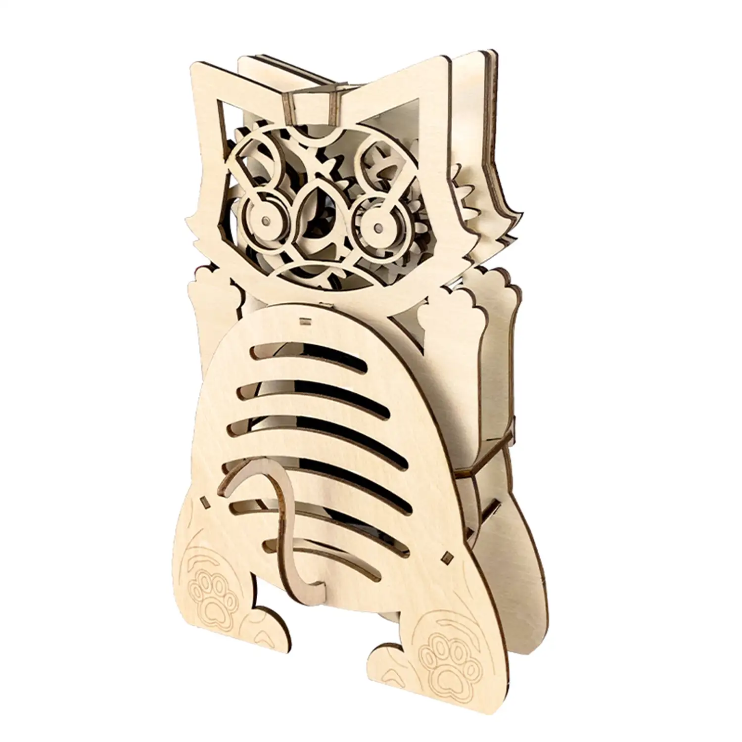 Maqueta de Madera 3D, con movimiento mecánico diseño de Reloj Gato del Tiempo