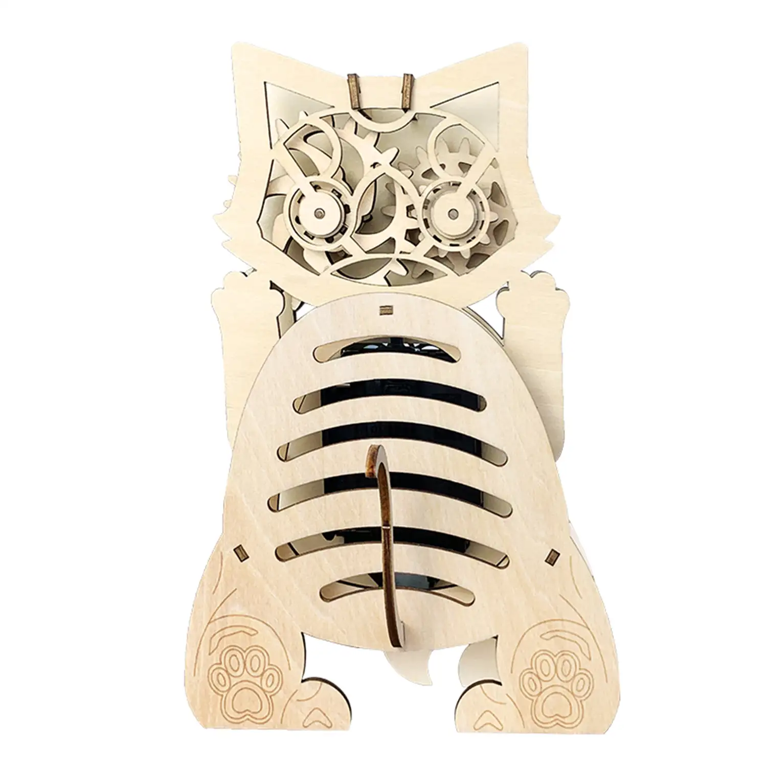 Maqueta de Madera 3D, con movimiento mecánico diseño de Reloj Gato del Tiempo