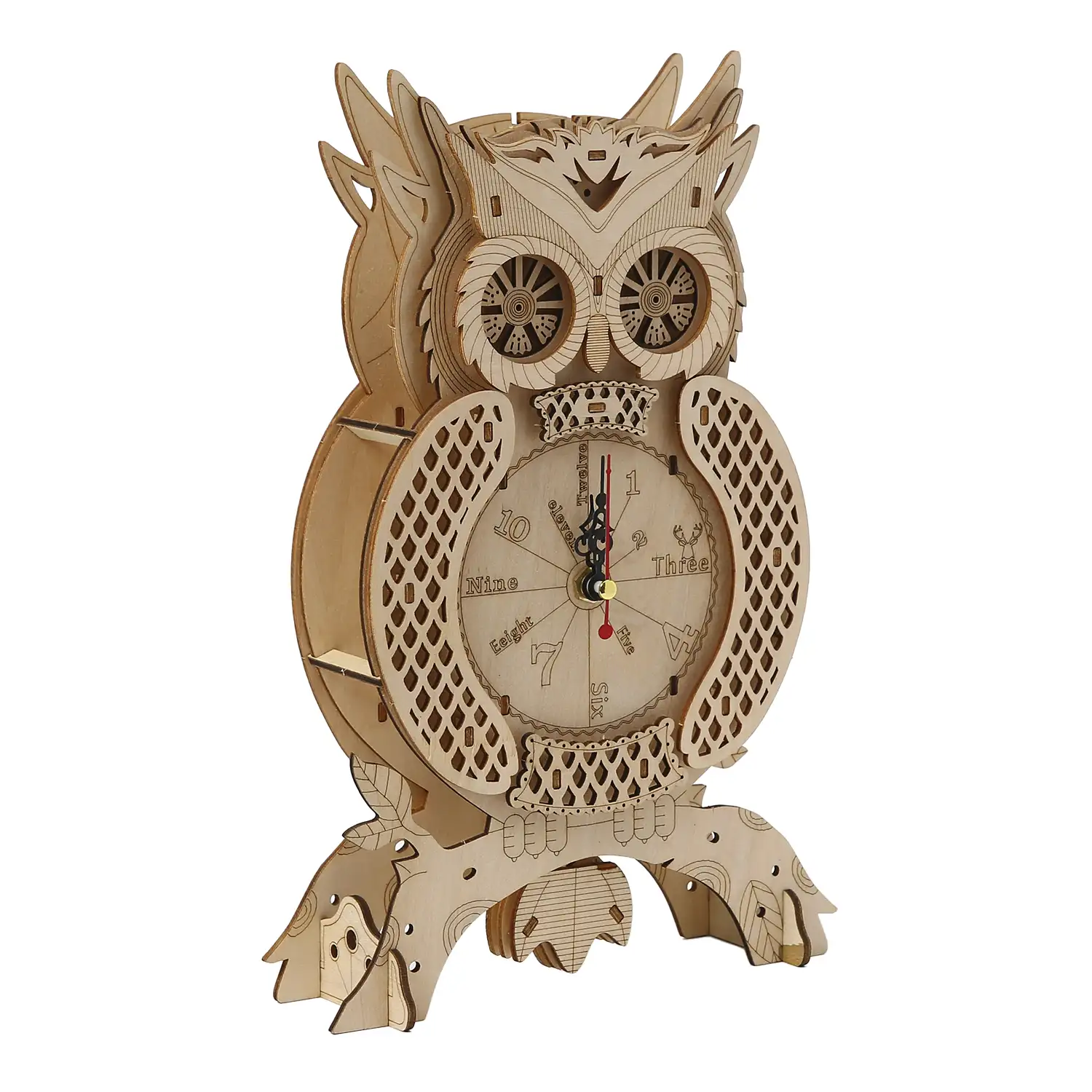 Maqueta de Madera 3D, diseño de Reloj con forma de Búho. 46 piezas.