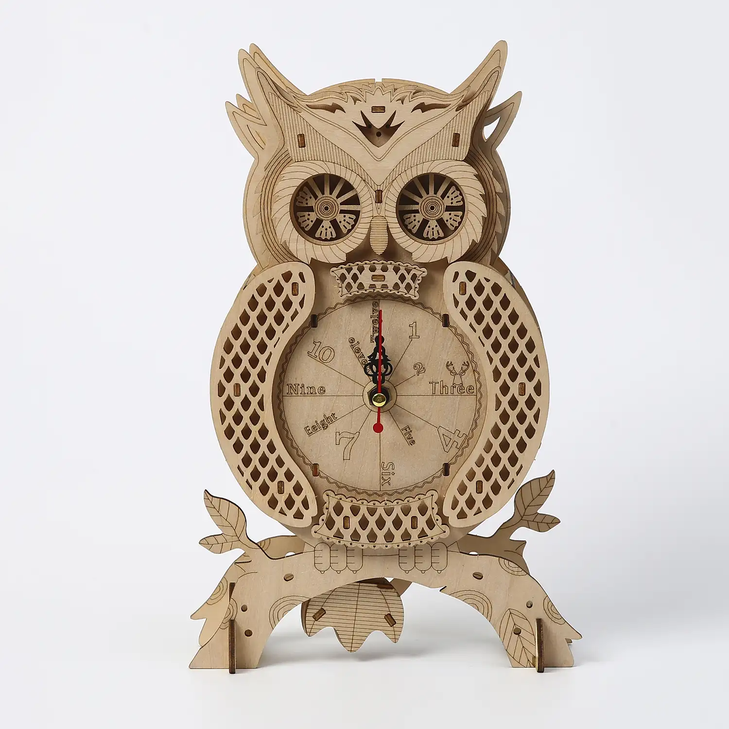 Maqueta de Madera 3D, diseño de Reloj con forma de Búho. 46 piezas.
