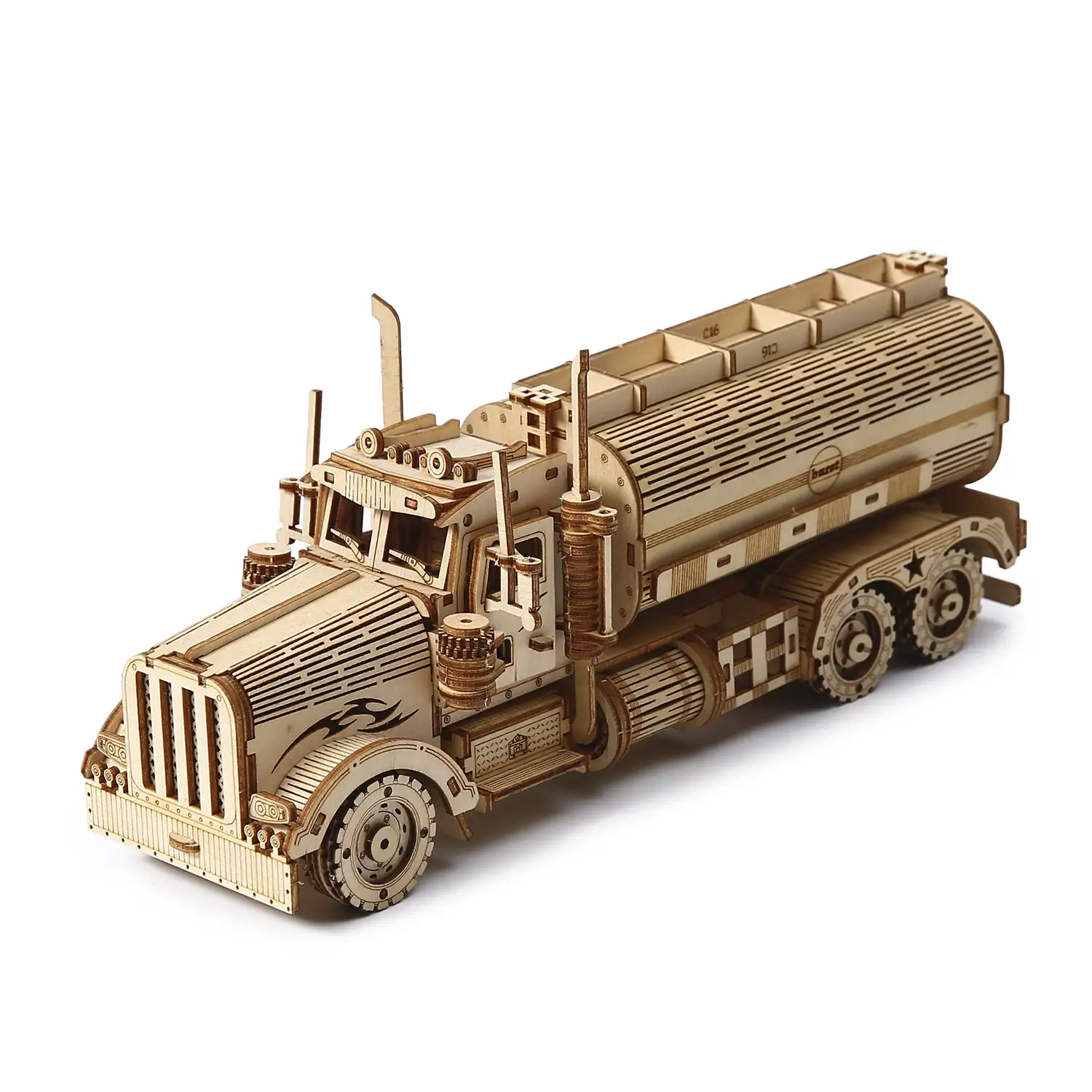 Maqueta de Madera 3D, diseño de Camión Cisterna Grande con movimiento mecánico. 307 piezas.