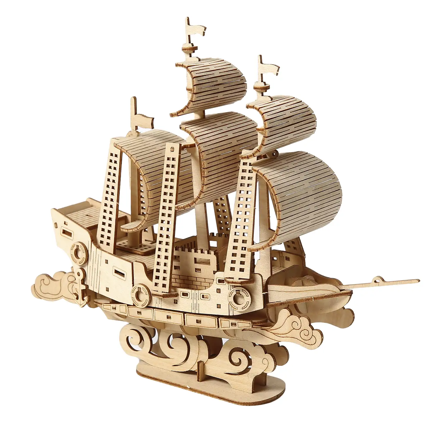 Maqueta de Madera 3D, diseño de Barco de vela con movimiento mecánico. 83 piezas.