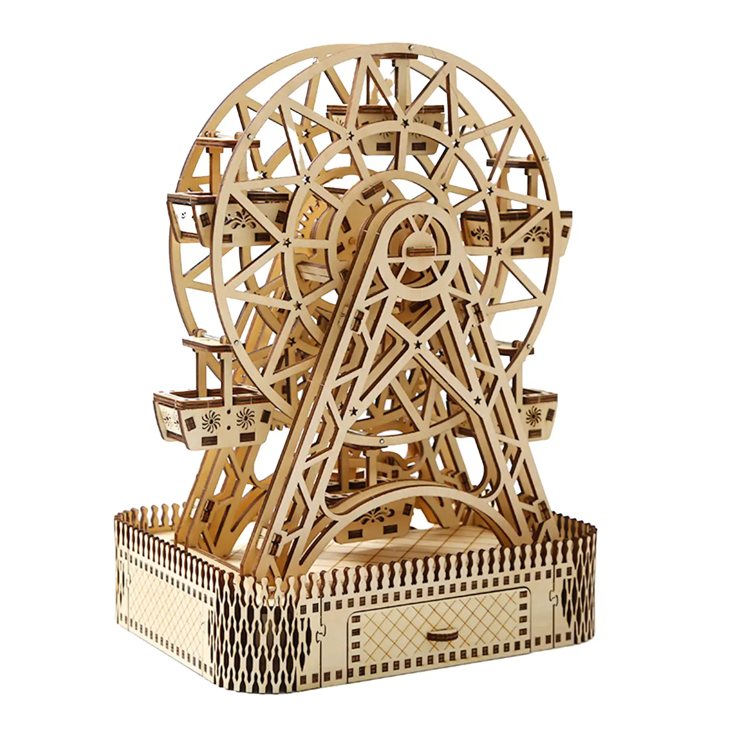 Maqueta de Madera 3D, diseño de Noria con movimiento mecánico y música. 207 piezas.