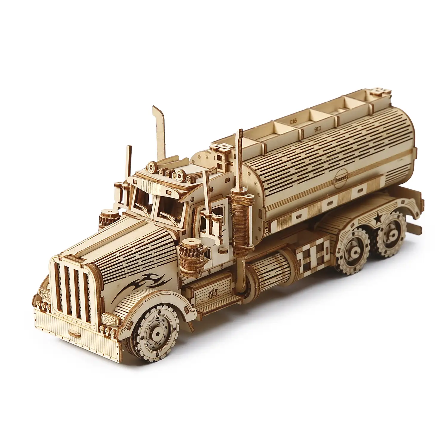 Maqueta de Madera 3D, diseño de Camión Cisterna con movimiento mecánico. 307 piezas.