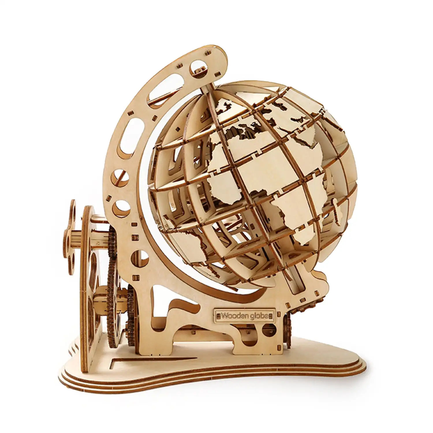 Maqueta de Madera 3D, diseño de Globo terráqueo con movimiento mecánico. 166 piezas.