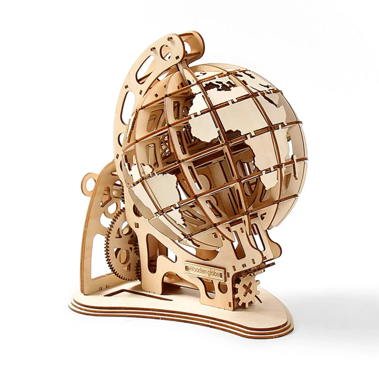 Maqueta de Madera 3D, diseño de Globo terráqueo con movimiento mecánico. 166 piezas.