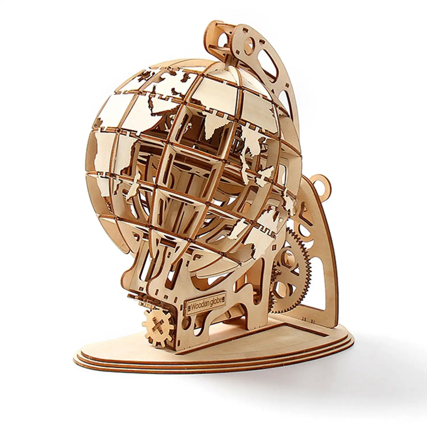 Maqueta de Madera 3D, diseño de Globo terráqueo con movimiento mecánico. 166 piezas.