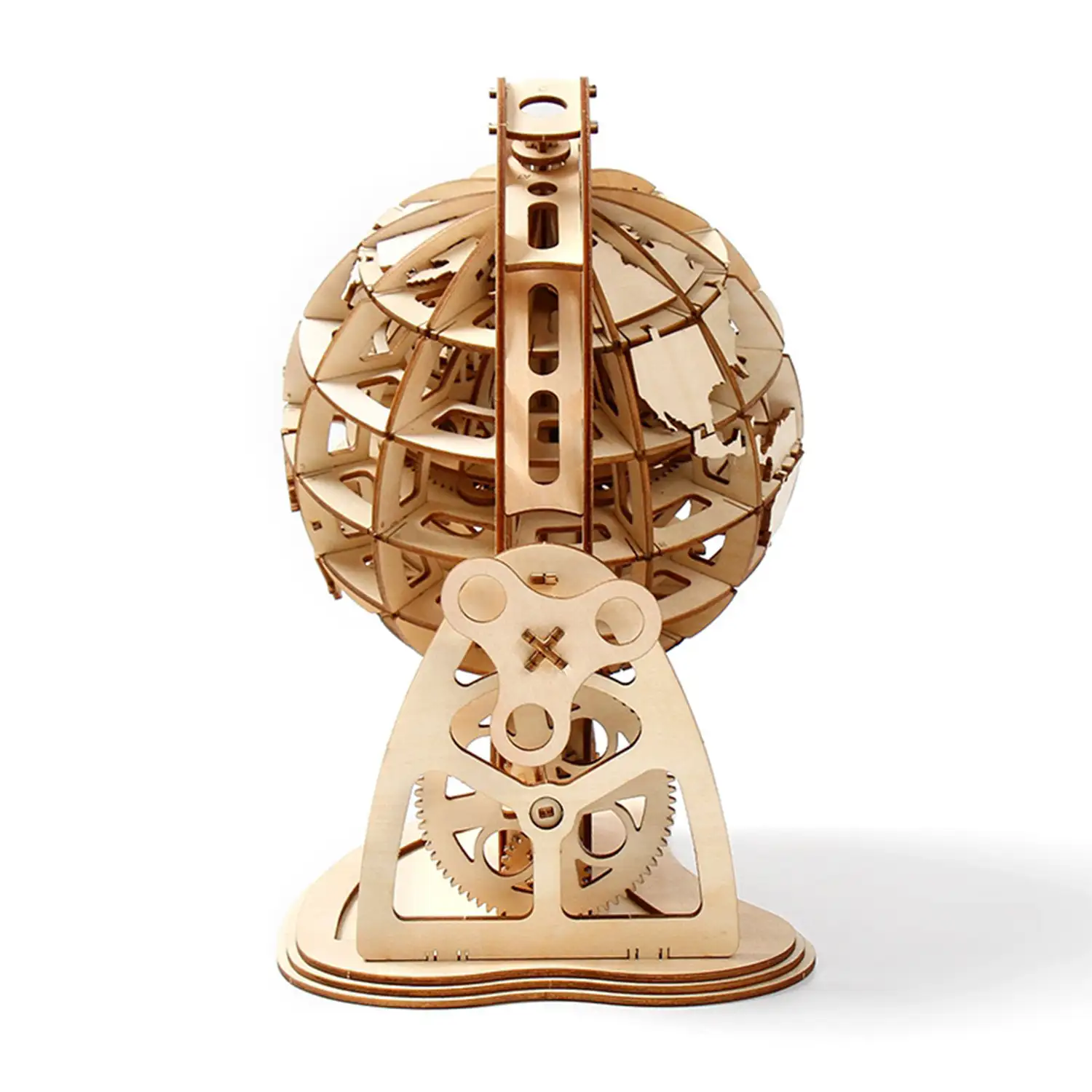 Maqueta de Madera 3D, diseño de Globo terráqueo con movimiento mecánico. 166 piezas.