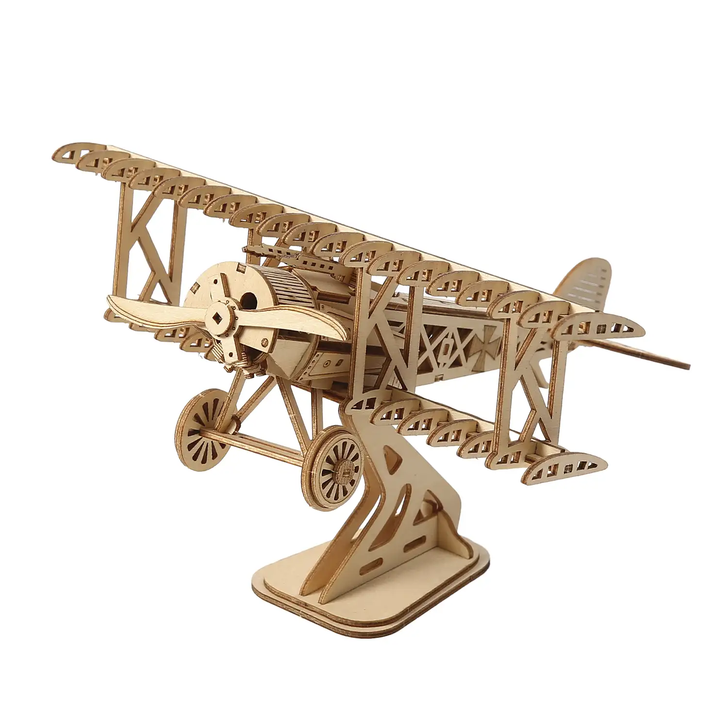 Maqueta de Madera 3D, diseño de Avioneta con movimiento mecánico. 105 piezas.