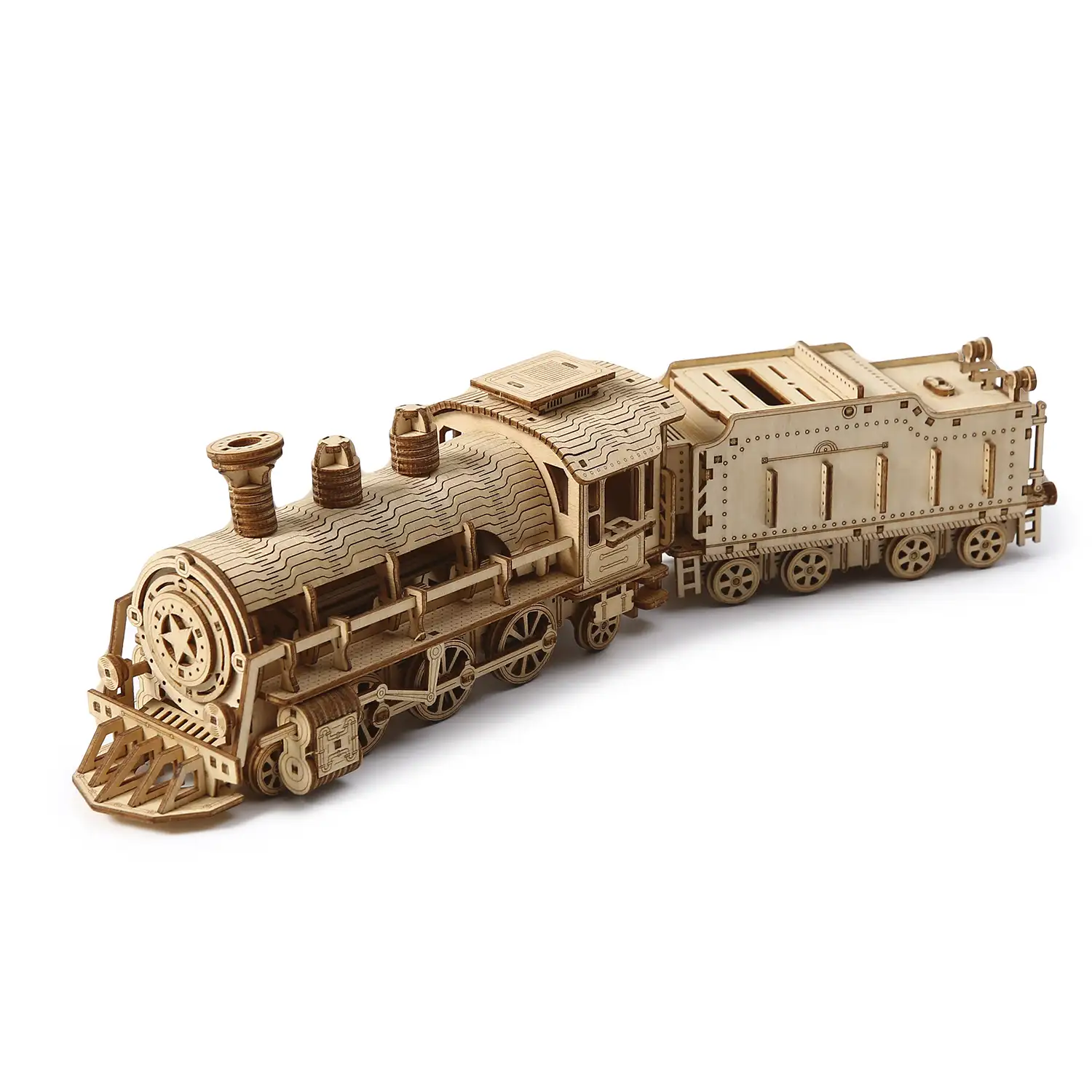Maqueta de Madera 3D, diseño de Tren de vapor con movimiento mecánico. 282 piezas.