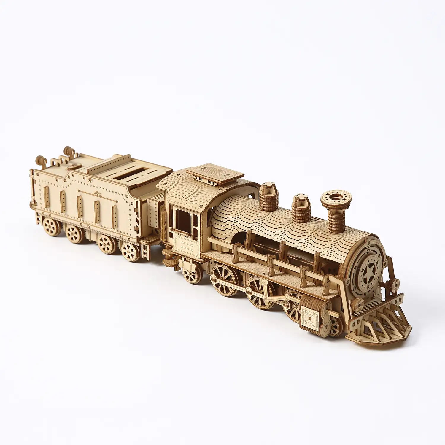 Maqueta de Madera 3D, diseño de Tren de vapor con movimiento mecánico. 282 piezas.