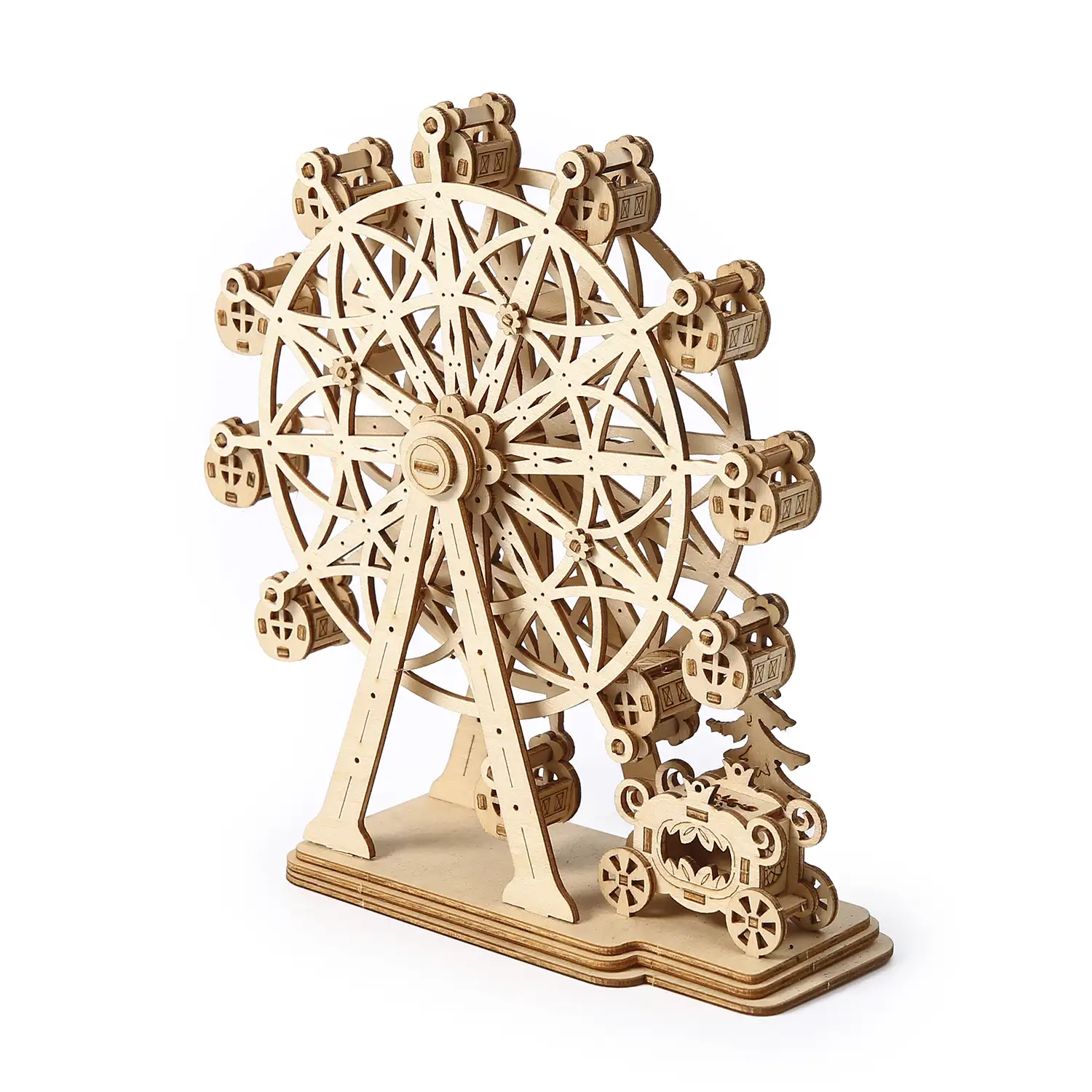 Maqueta de Madera 3D, diseño de Noria con carruaje con movimiento mecánico. 104 piezas.