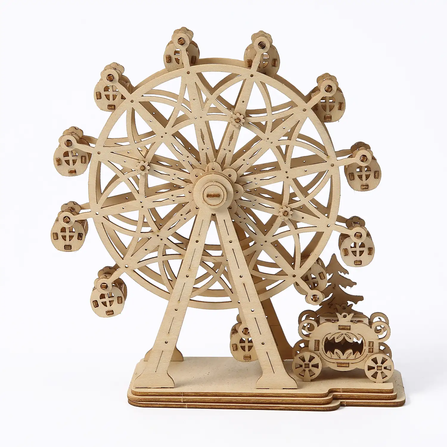 Maqueta de Madera 3D, diseño de Noria con carruaje con movimiento mecánico. 104 piezas.