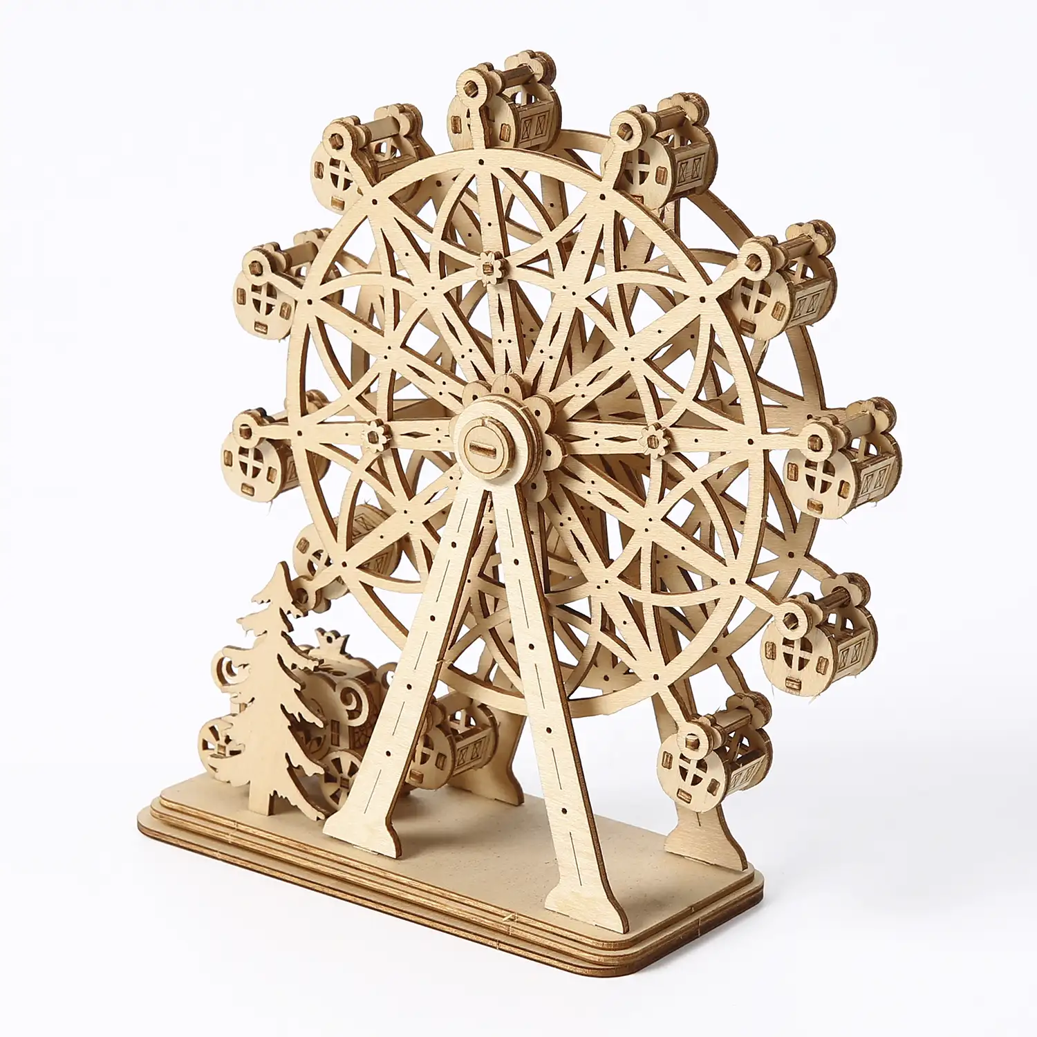 Maqueta de Madera 3D, diseño de Noria con carruaje con movimiento mecánico. 104 piezas.