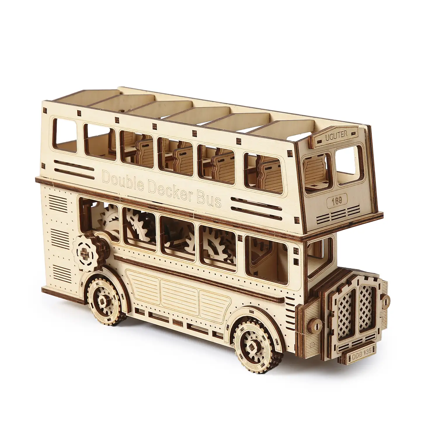 Maqueta de Madera 3D, diseño de Autobús de dos pisos con movimiento mecánico. 349 piezas.