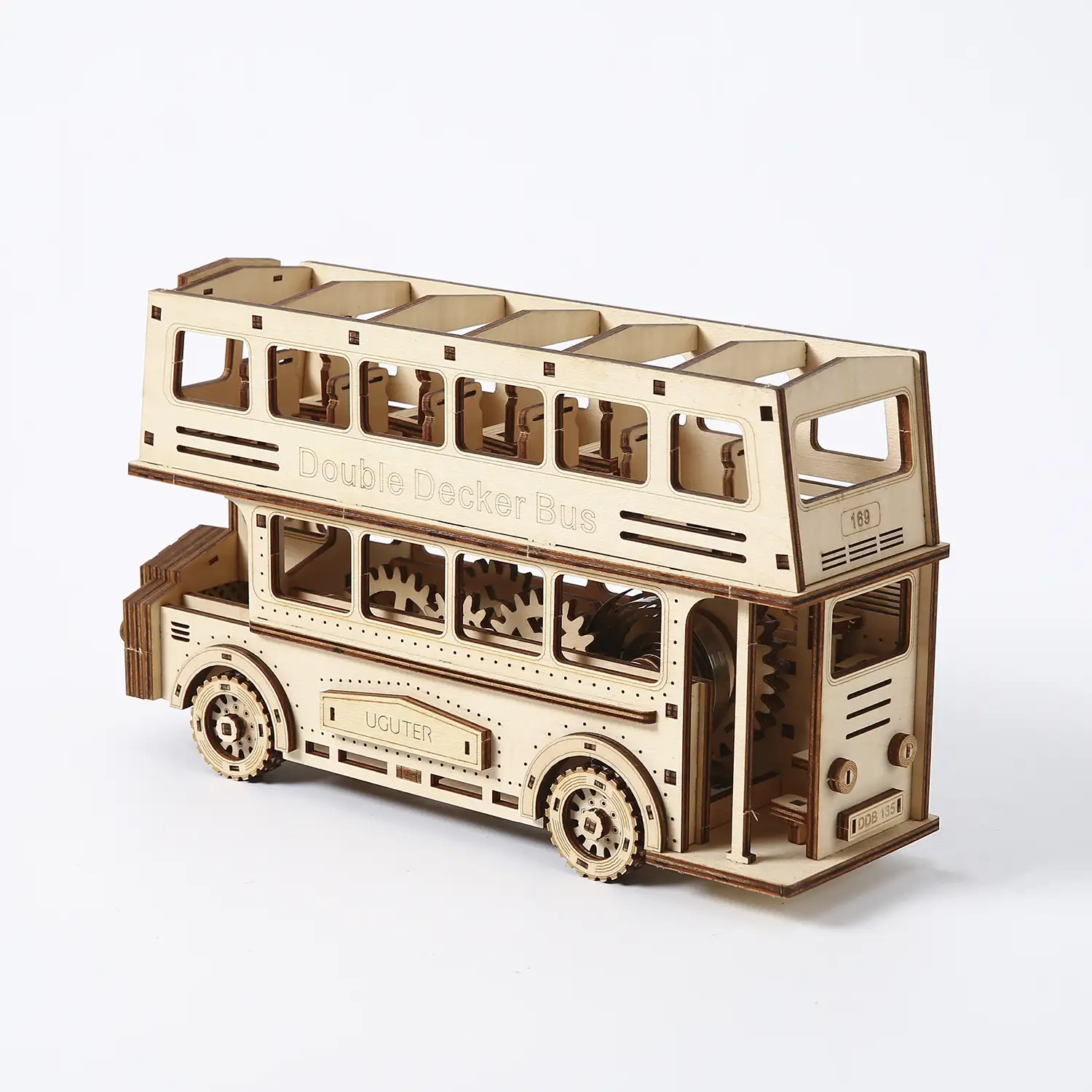 Maqueta de Madera 3D, diseño de Autobús de dos pisos con movimiento mecánico. 349 piezas.