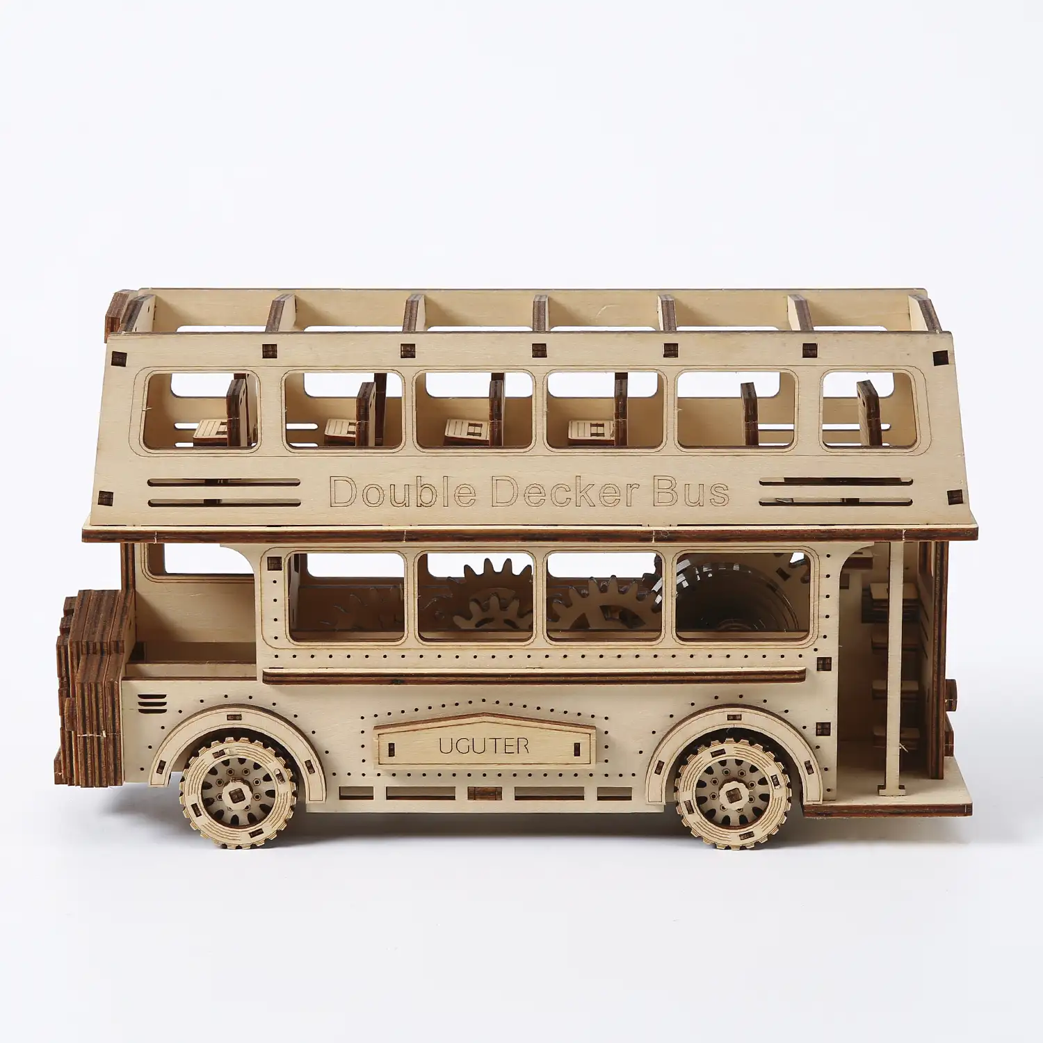 Maqueta de Madera 3D, diseño de Autobús de dos pisos con movimiento mecánico. 349 piezas.