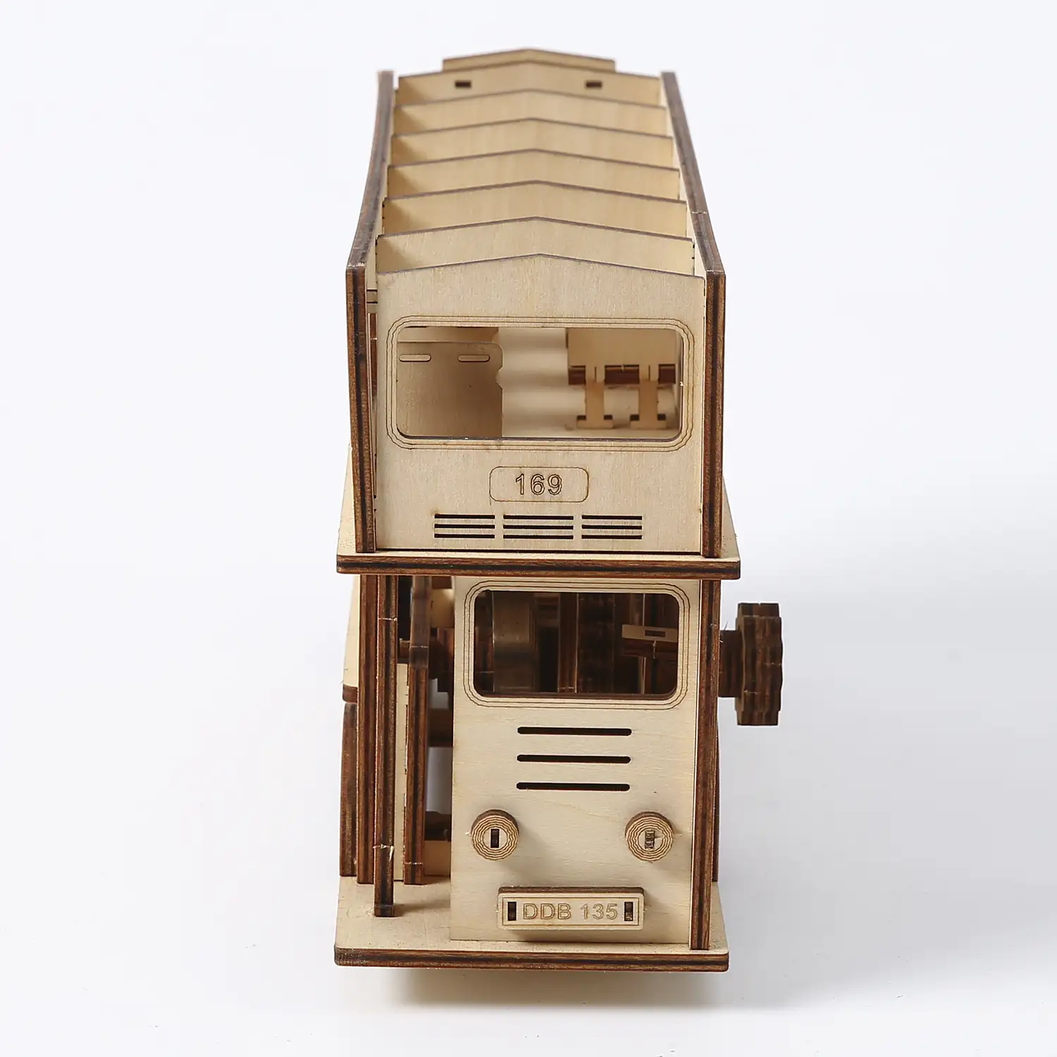 Maqueta de Madera 3D, diseño de Autobús de dos pisos con movimiento mecánico. 349 piezas.
