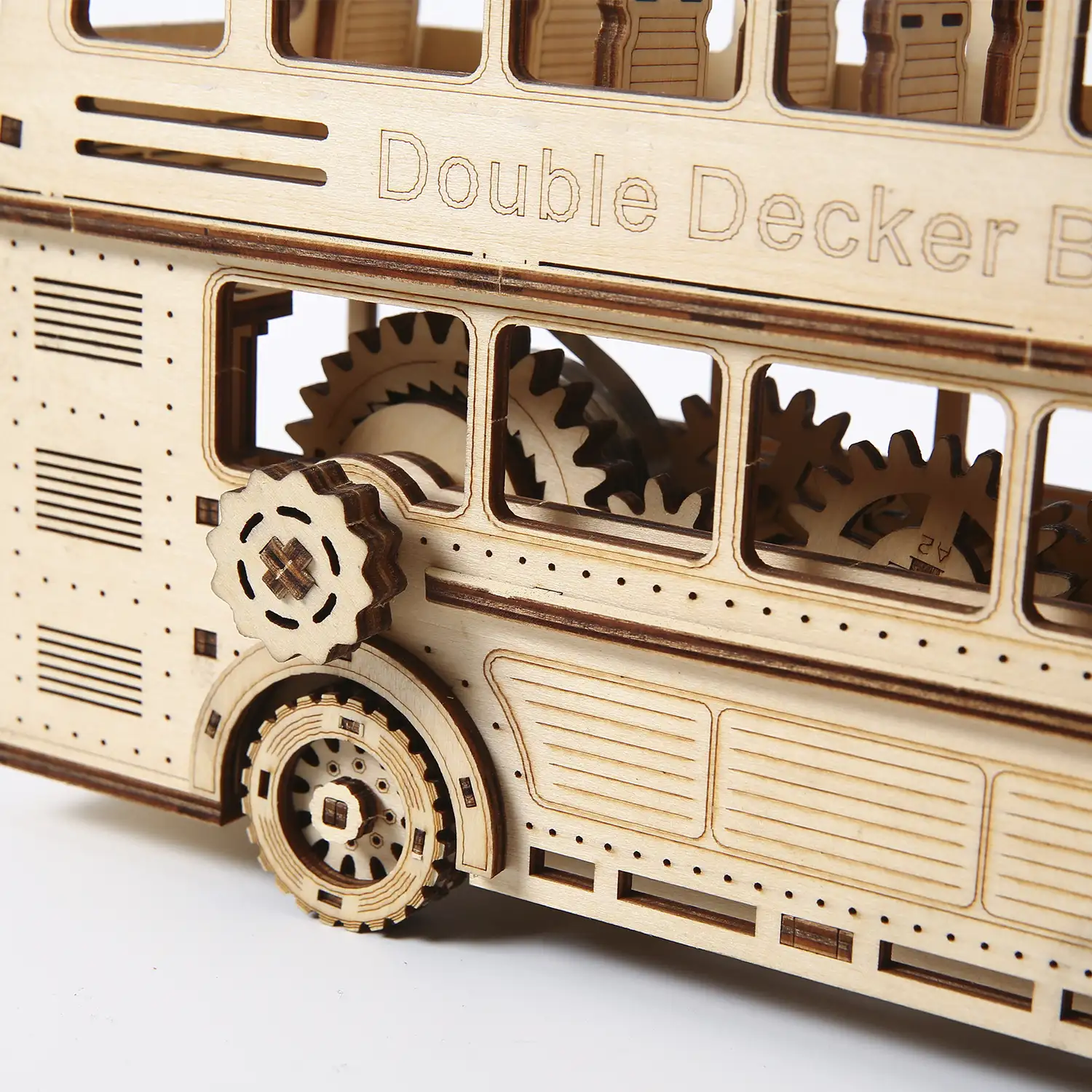 Maqueta de Madera 3D, diseño de Autobús de dos pisos con movimiento mecánico. 349 piezas.