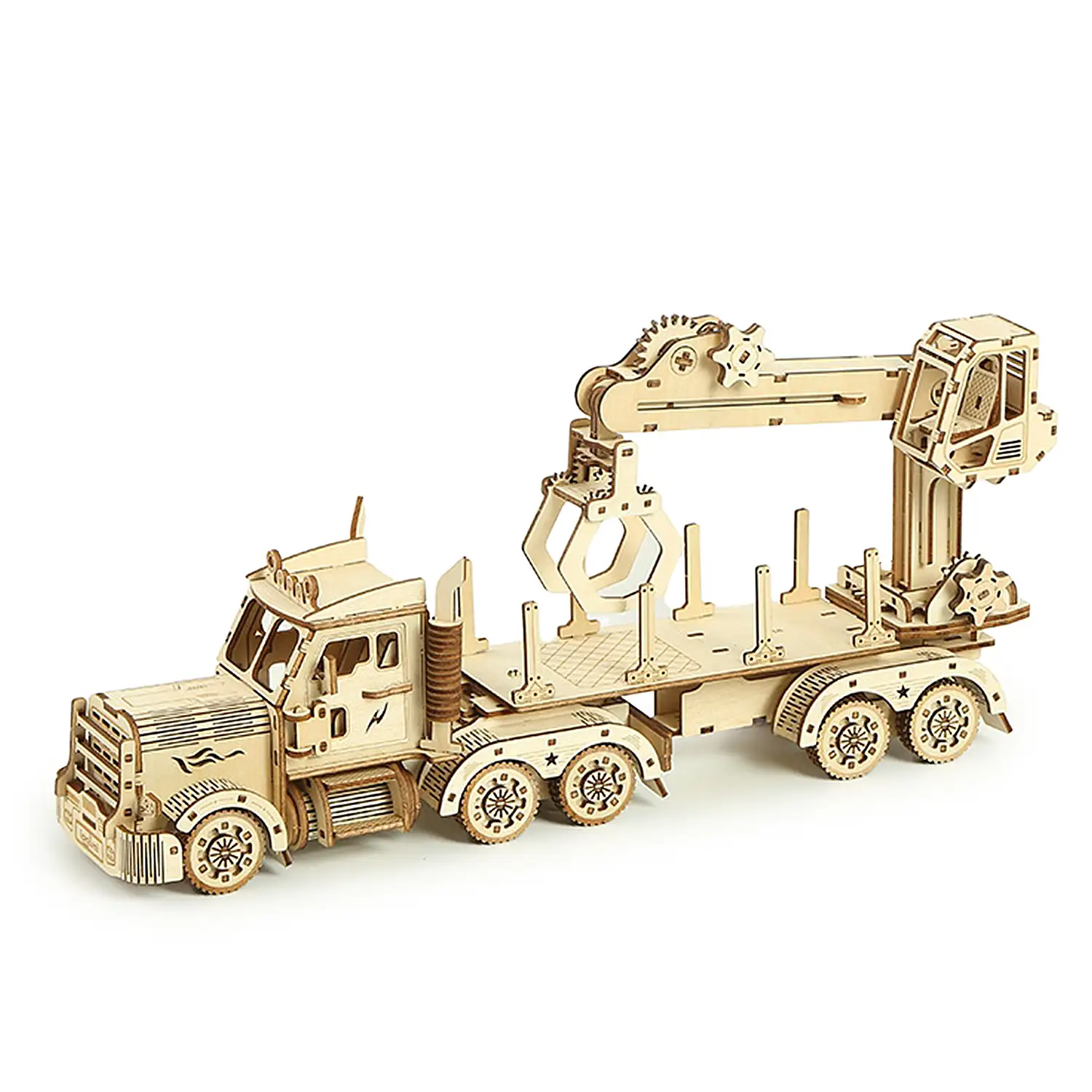 Maqueta de Madera 3D, diseño de Camión con Grua con movimiento mecánico. 428 piezas.