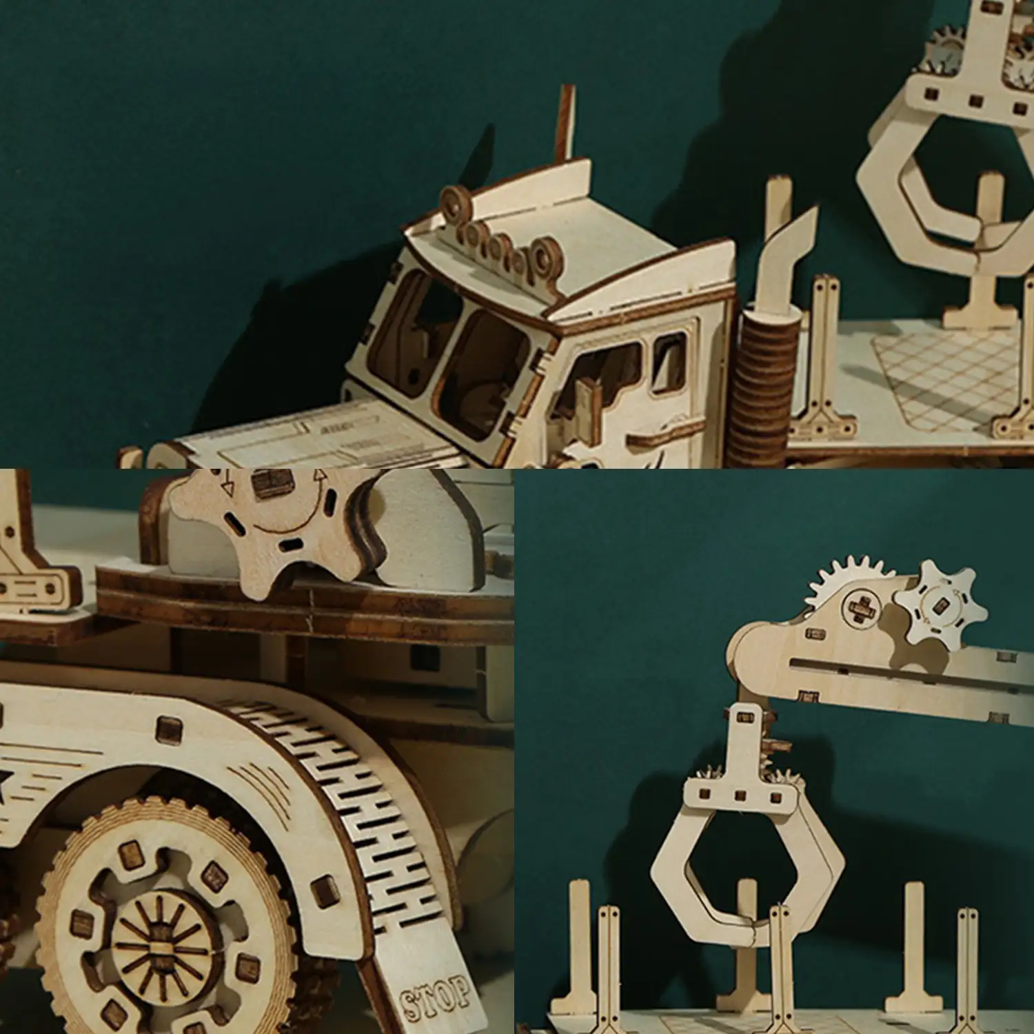Maqueta de Madera 3D, diseño de Camión con Grua con movimiento mecánico. 428 piezas.